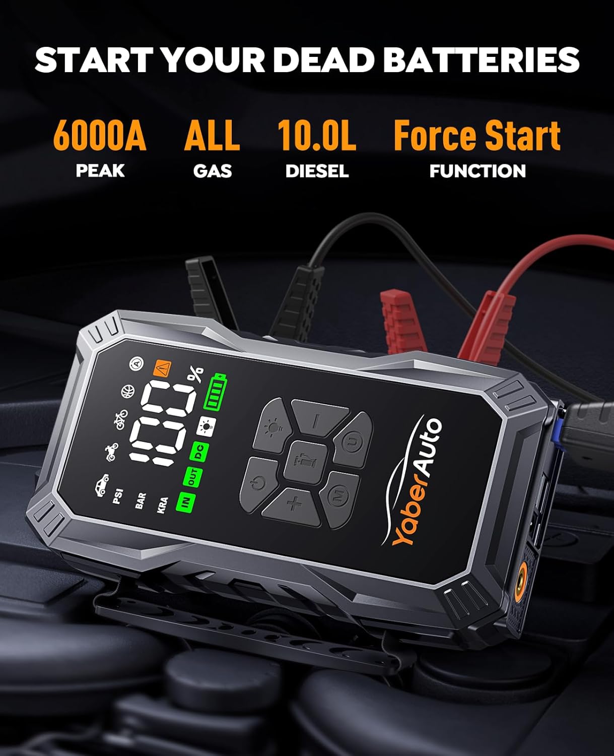 YaberAuto 10-in-1 Jump Starter with Air Compressor 6000A 150PSI Portable Car Battery Jump Starter (All Gas/10L Diesel) Jump Box Car Battery Jumper Starter Portable Jumper Cables, Gloves, 150WDC, Light