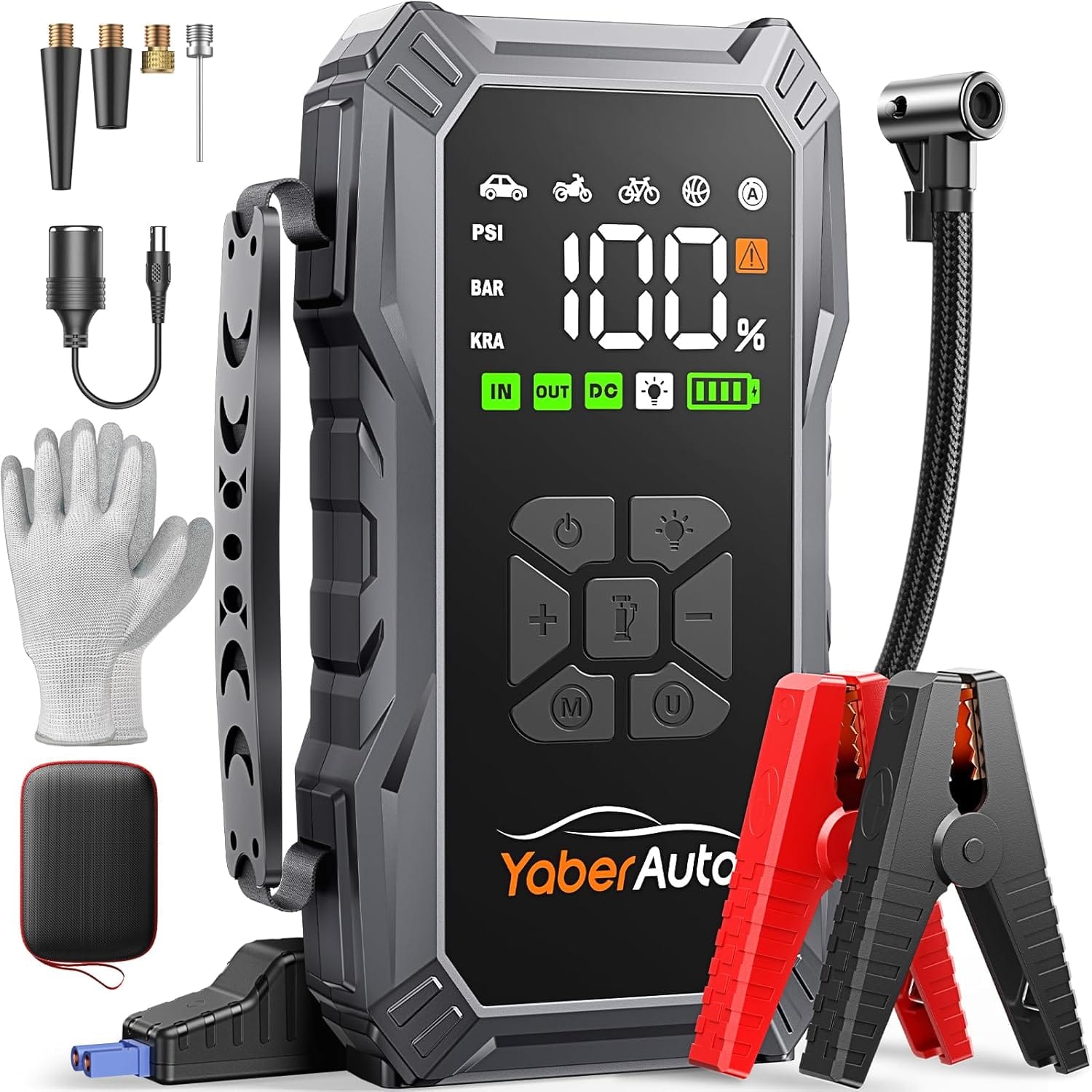 YaberAuto 10-in-1 Jump Starter with Air Compressor 6000A 150PSI Portable Car Battery Jump Starter (All Gas/10L Diesel) Jump Box Car Battery Jumper Starter Portable Jumper Cables, Gloves, 150WDC, Light