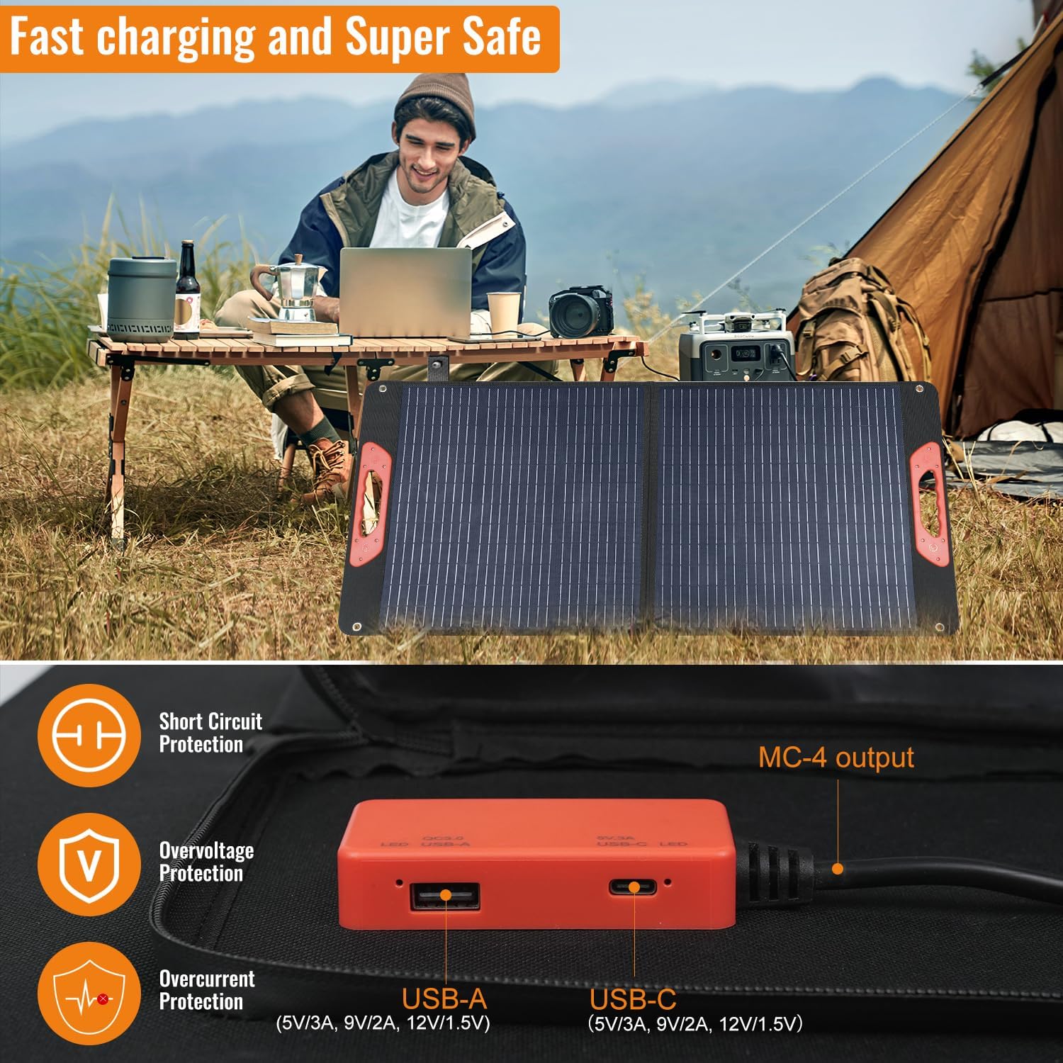 100W Foldable Solar Panel - Charger for Power Stations | Monocrystalline 23.5% High Efficiency QC3.0 USB-A/USB-C Output | IP65 Waterproof | Portable for Camping, RV, Emergency Blackout
