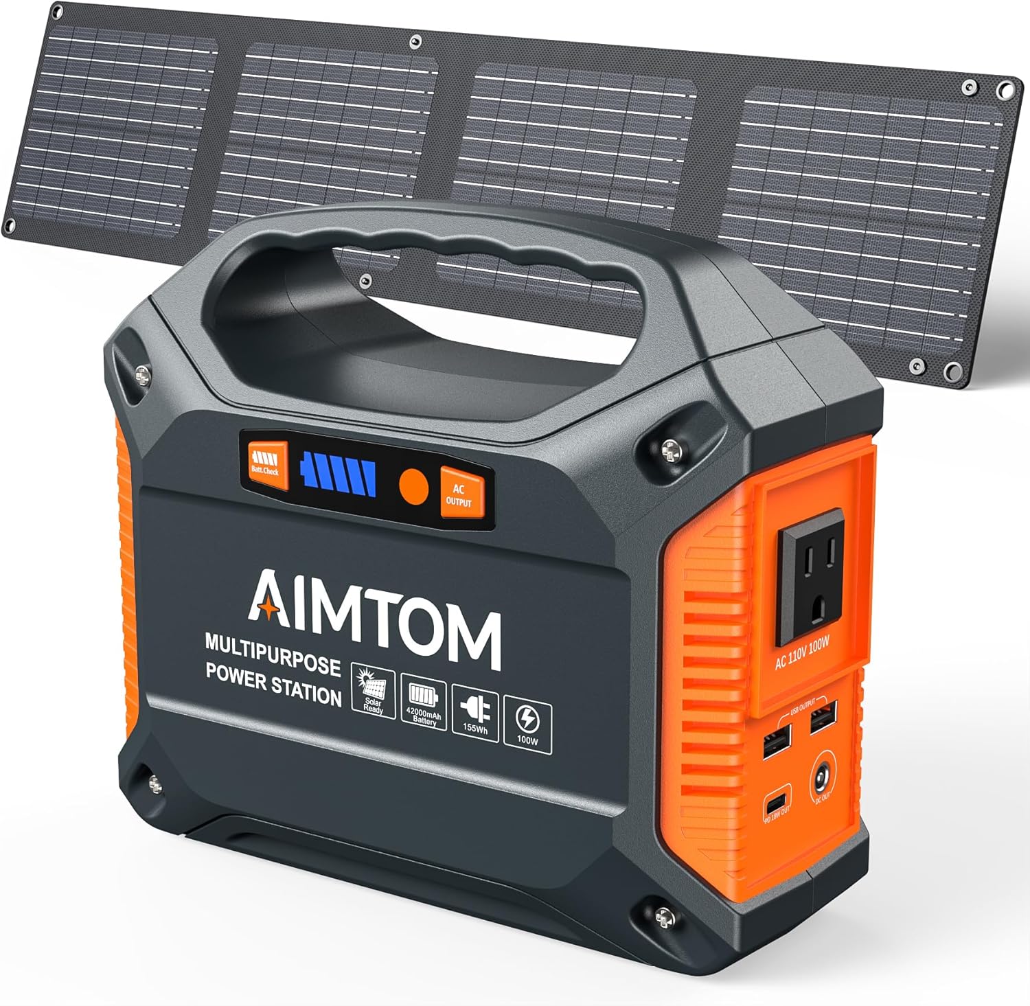 AIMTOM 155Wh Portable Power Station with 30W Solar Panel – 150W Peak/110V AC, 18W USB-C, 2x USB-A  12V DC – Solar Generator for Camping, Home, RV, Travel  Emergencies