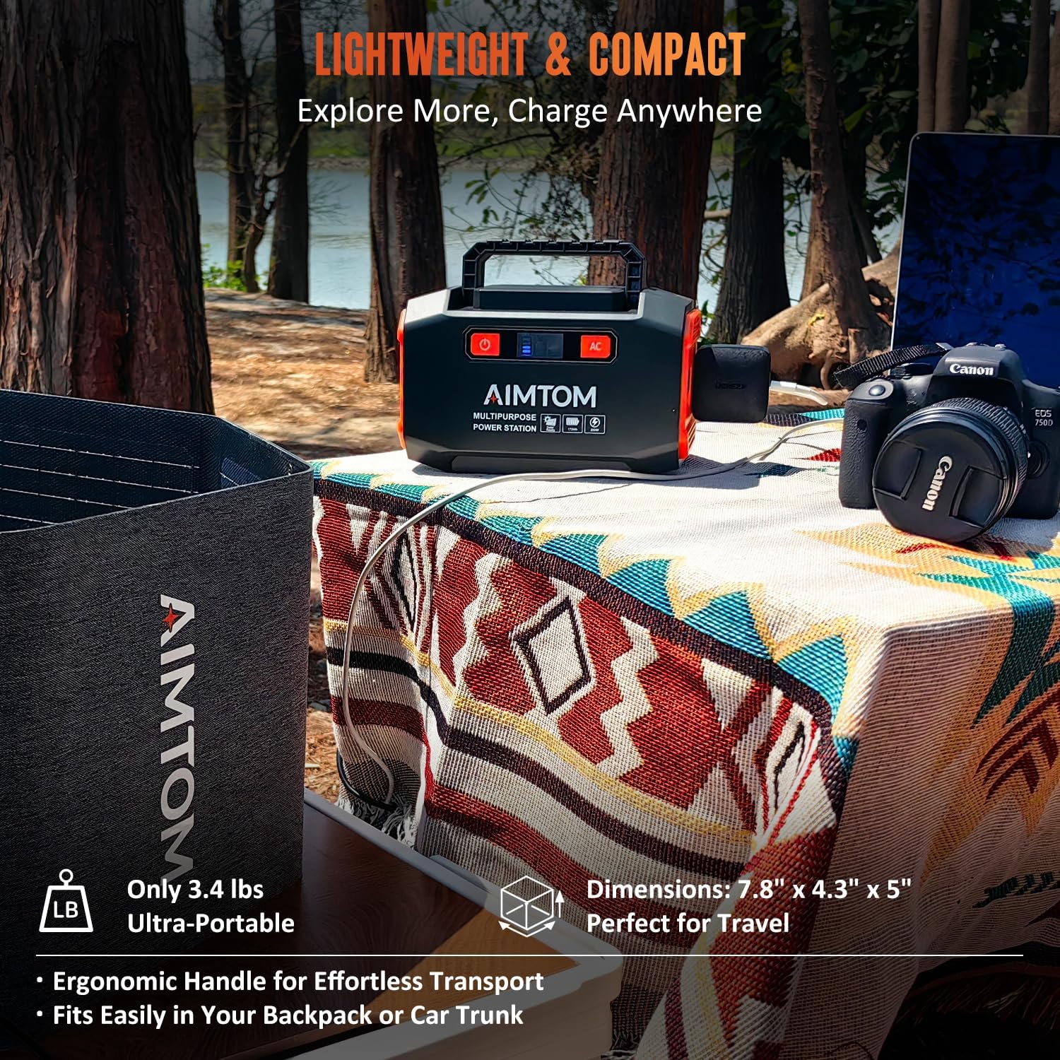 AIMTOM 155Wh Portable Power Station with 30W Solar Panel – 150W Peak/110V AC, 18W USB-C, 2x USB-A  12V DC – Solar Generator for Camping, Home, RV, Travel  Emergencies