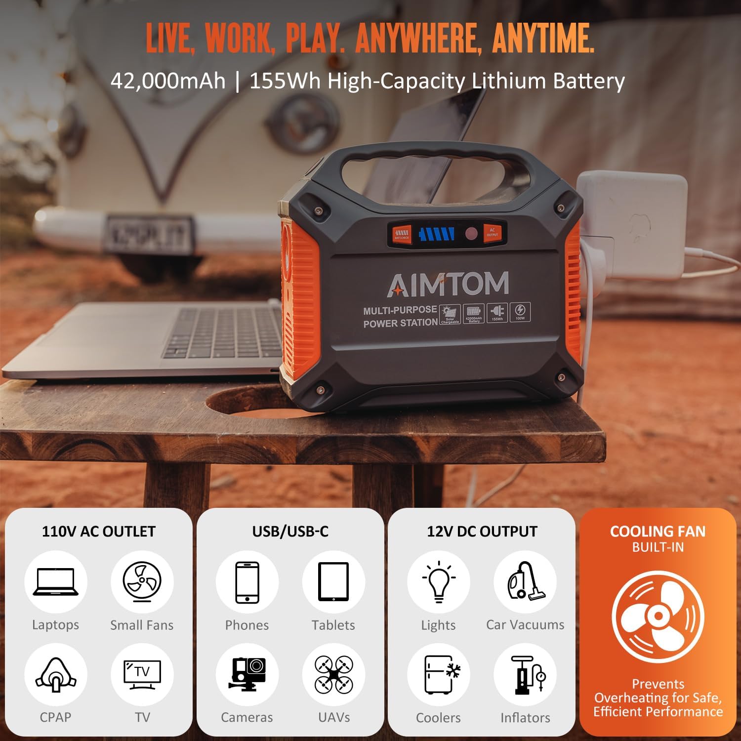 AIMTOM 155Wh Portable Power Station with 30W Solar Panel – 150W Peak/110V AC, 18W USB-C, 2x USB-A  12V DC – Solar Generator for Camping, Home, RV, Travel  Emergencies