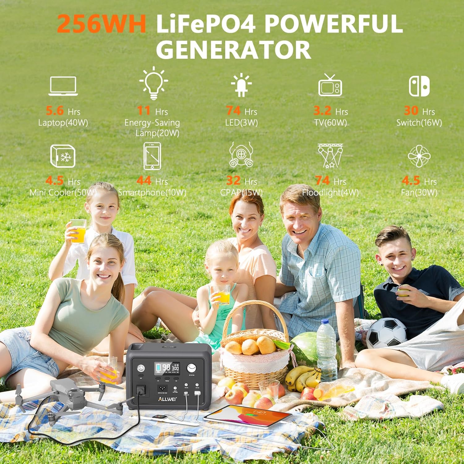 ALLWEI Portable Power Station 300W, 280Wh Solar Generator with 110V Pure Sine Wave AC Outlet, Backup Lithium Battery Generator for CPAP Outdoor RV Camping Emergency Home Use