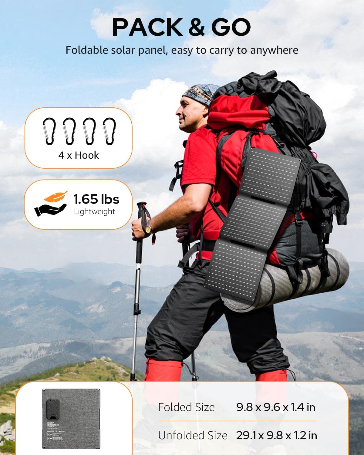 Apowking Portable Solar Panels 40W, Foldable Solar Panel Charger for 100-300W Portable Power Station, with Adjustable Kickstands, DC 18V Output, USB 3.0 and Type-C Ports for Camping Van RV Trip