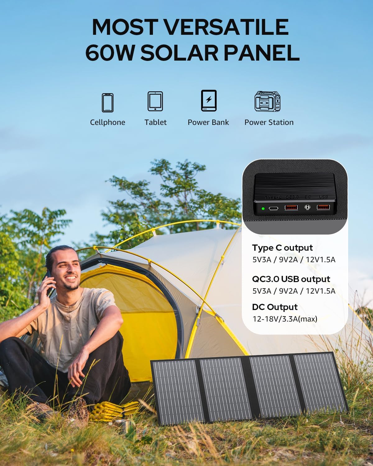 Apowking Portable Solar Panels 40W, Foldable Solar Panel Charger for 100-300W Portable Power Station, with Adjustable Kickstands, DC 18V Output, USB 3.0 and Type-C Ports for Camping Van RV Trip