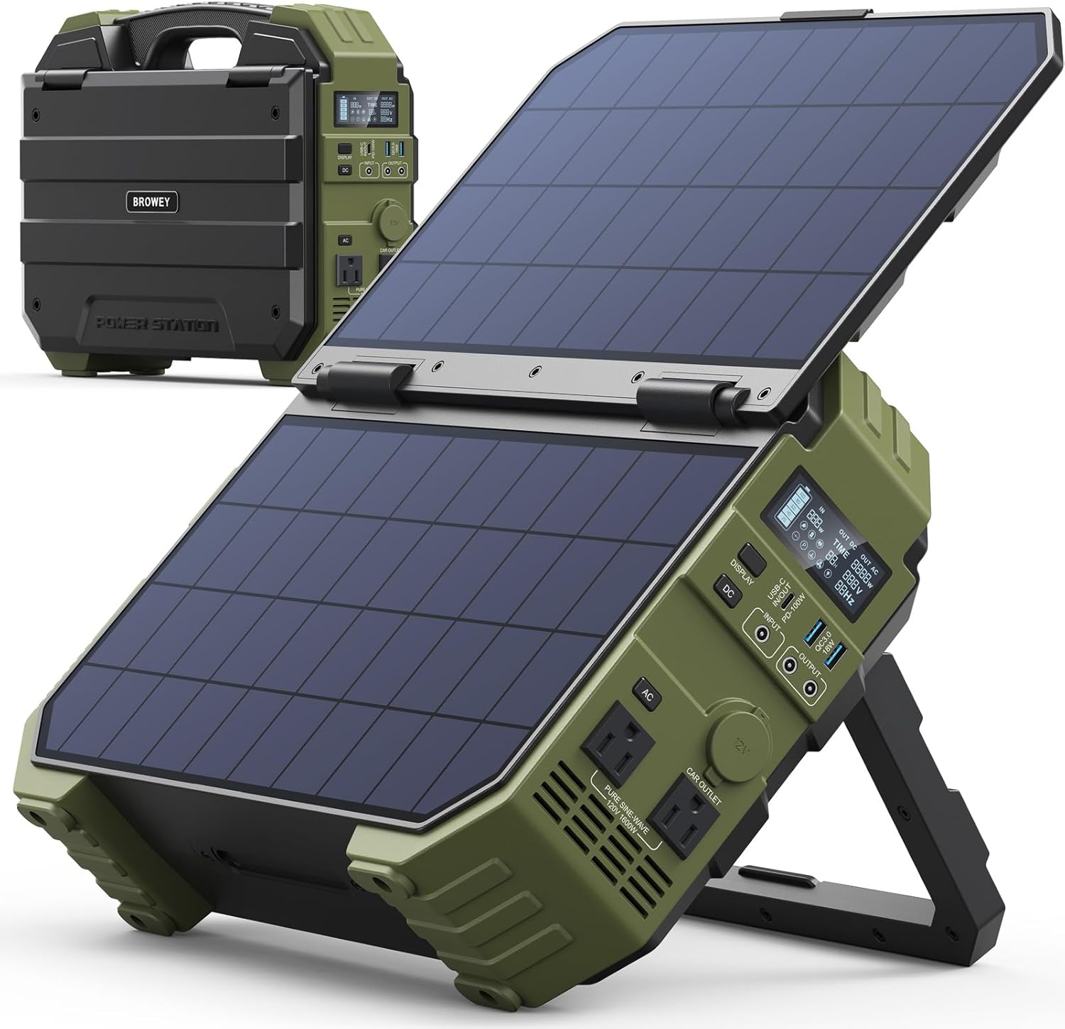 BROWEY Portable Power Station, 1000W Solar Generator with Built-in Solar Panel, 614WH/192000mAh LiFePO4 Battery Pack, AC/DC/USB/PD Outputs, for Outdoor Camping, RV Travel, Emergency Preparedness
