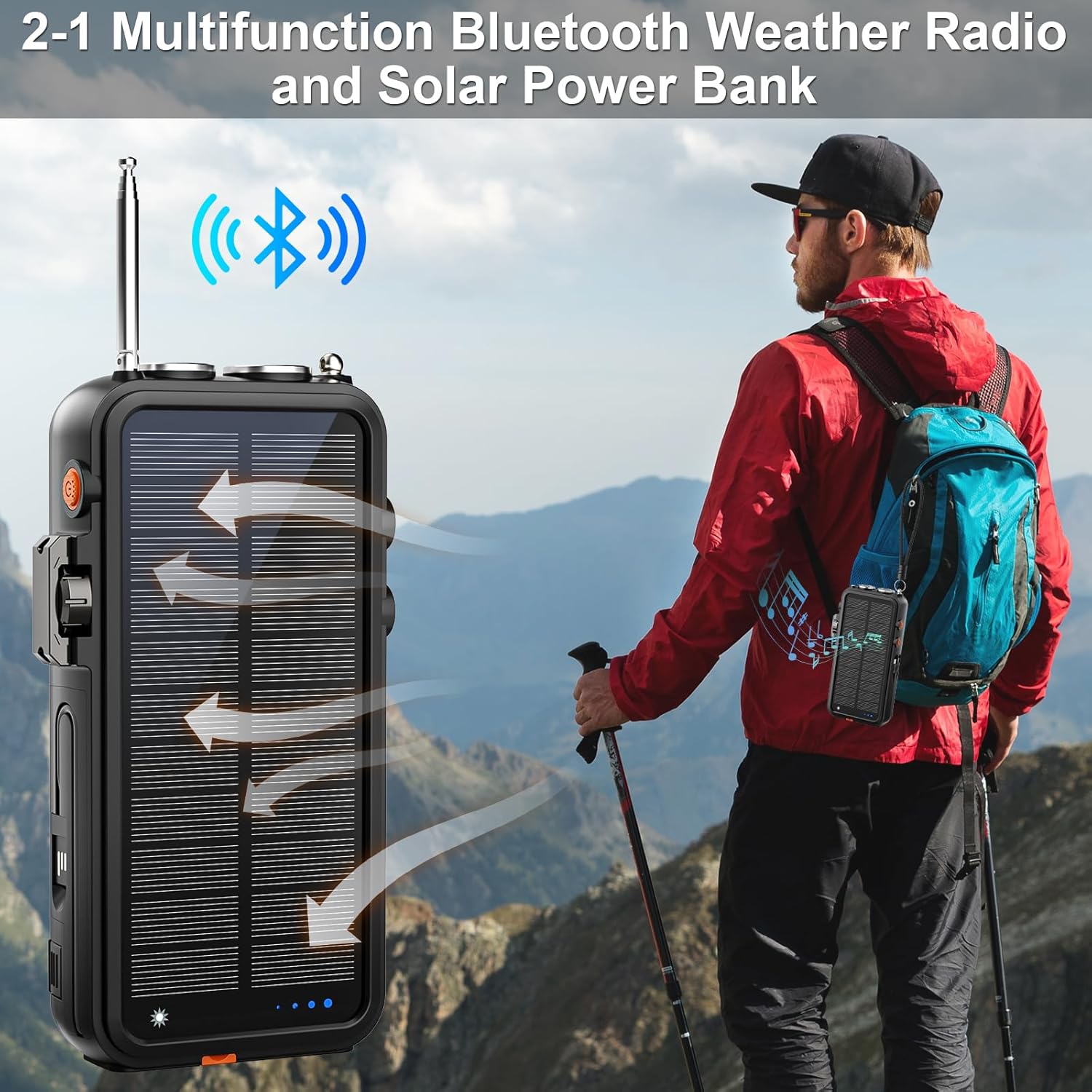 Emergency Radio22000mAh Solar Power Bank, FM NOAA Weather Radio, Portable Hand Crank Bluetooth Radio, 20W Fast Charge Wireless Phone Charger, SOS Flashlight for Emergency/Home