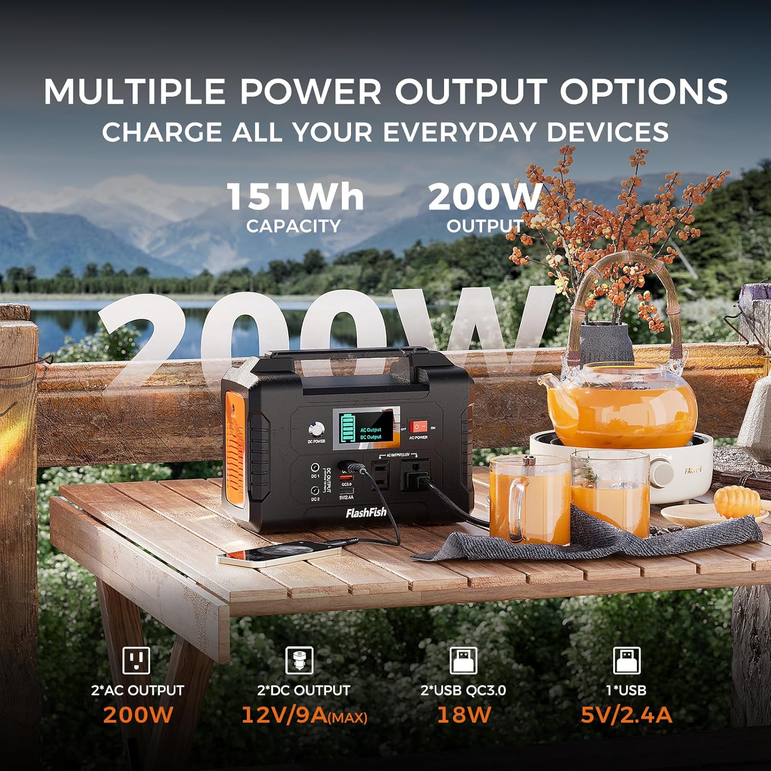 Flashfish 200W Portable Power Station 151Wh, 400W Peak Solar Generator with 110V AcOutlet, 2 DC  3 USB Ports, Backup Battery for CPAp Camping, Home, Outdoor EmergencyPower supply