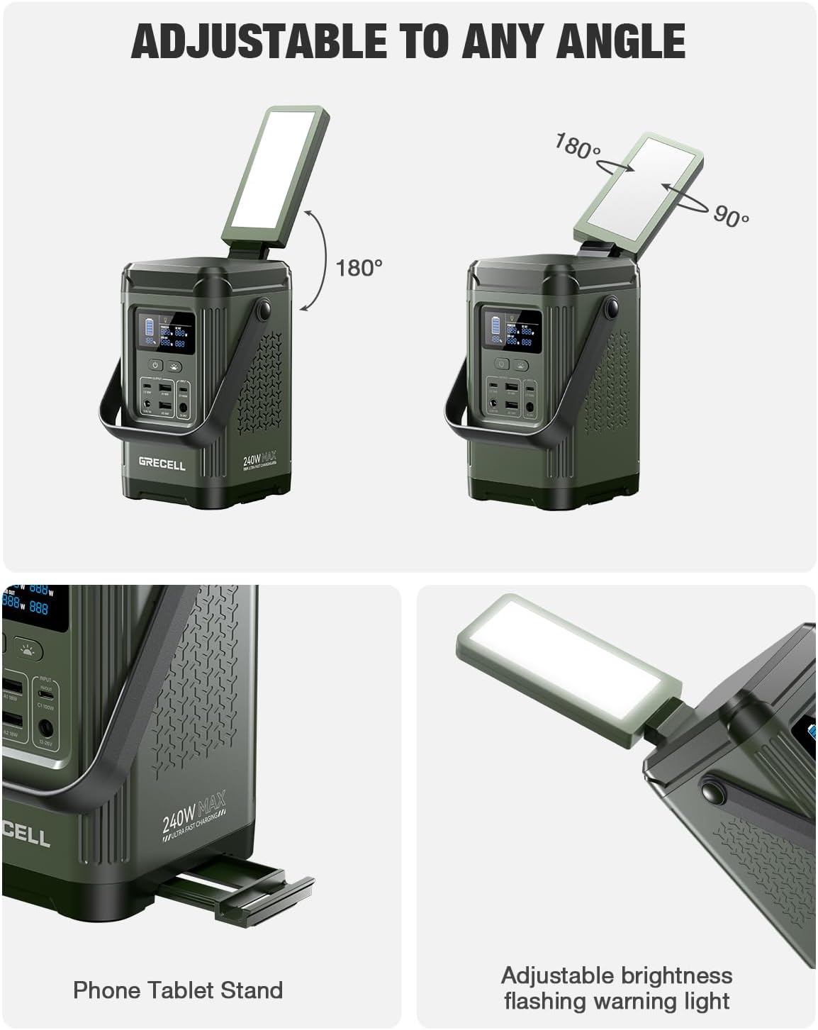 GRECELL 240W Portable Power Station LiFePO4 Battery, 154Wh Dual Way 100W USB-C PD, Portable Power Bank with Integrated Stand, Solar Generator for Outdoors, Camping, Travel (Wall Charger Not Included)