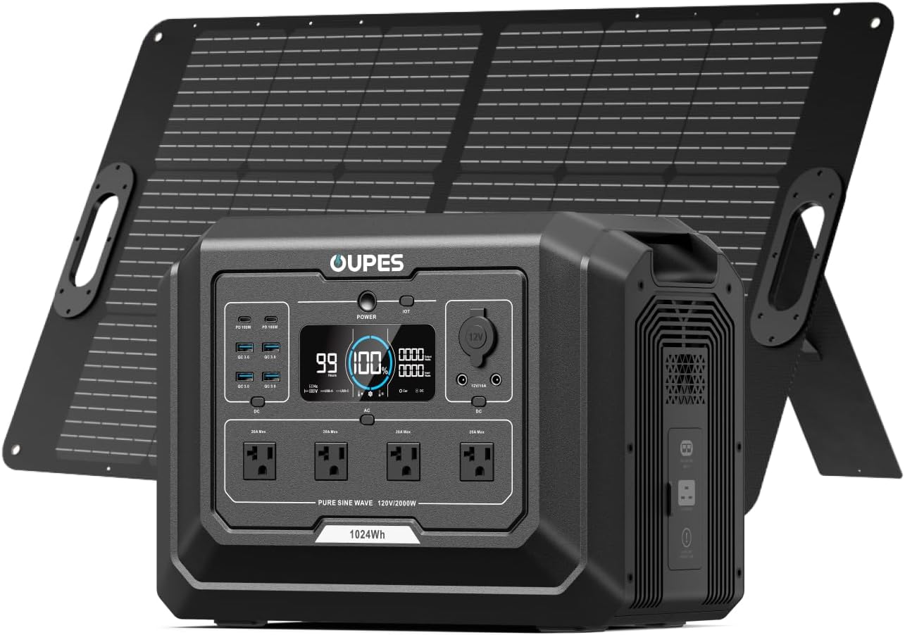 OUPES Mega 1 Solar Generator with Panels Included, 2000W Power Station + 100W Panel, 1024Wh LiFePO4 Battery, Expandable to 5120Wh, APP Control, 20ms UPS for RV, Camping  Home Backup