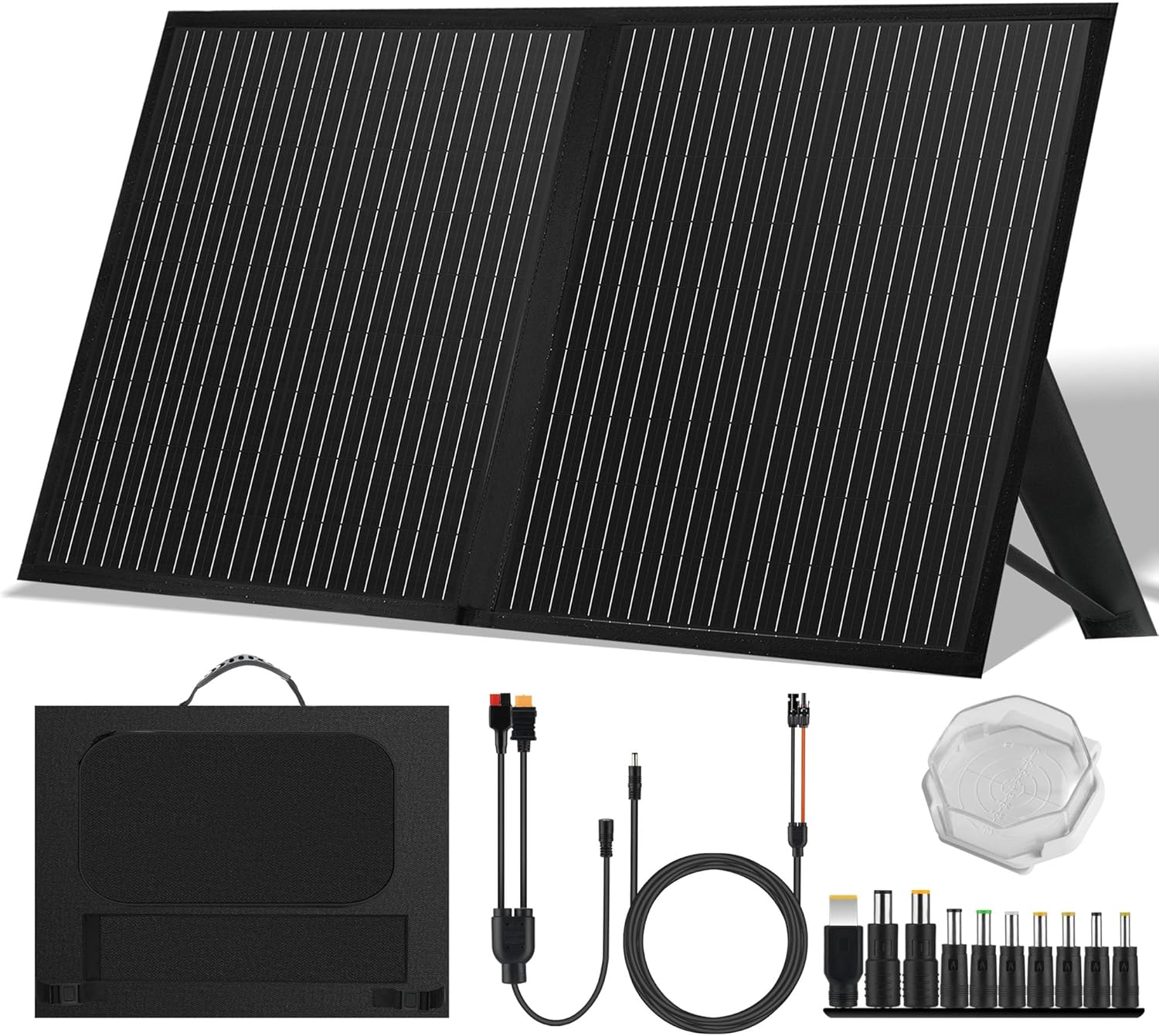 Portable 100 Watt 12V Foldable Solar Panel with Adjustable Kickstands and Waterproof IP65 Design for Power Station, Travel, Outdoor Camping, RVs, and Off-Grid Applications