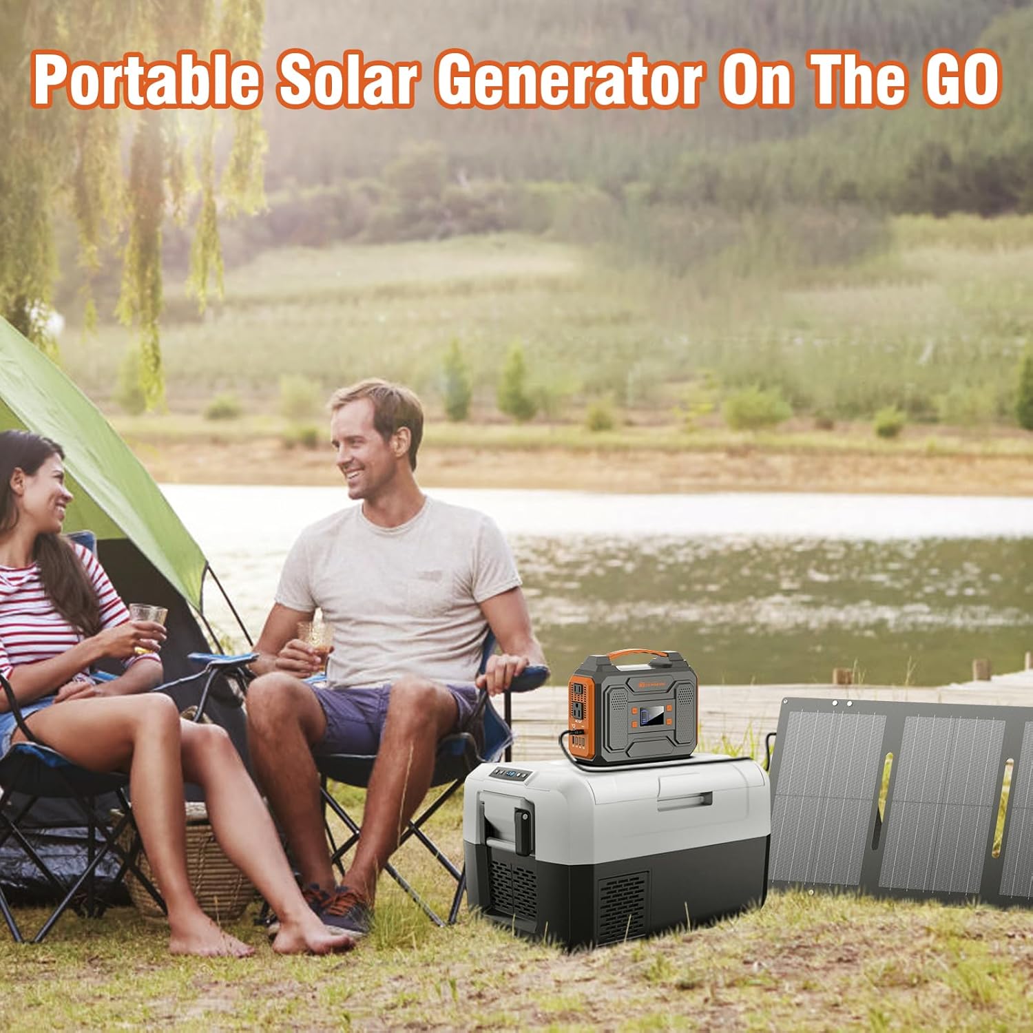 Portable Solar Generator, 300W Portable Power Station with Foldable 60W Solar Panel,110V Pure Sine Wave 280Wh Lithium Battery Pack with USB DC AC Outlet for Camping Smart Device RV Van Outdoor-Orange