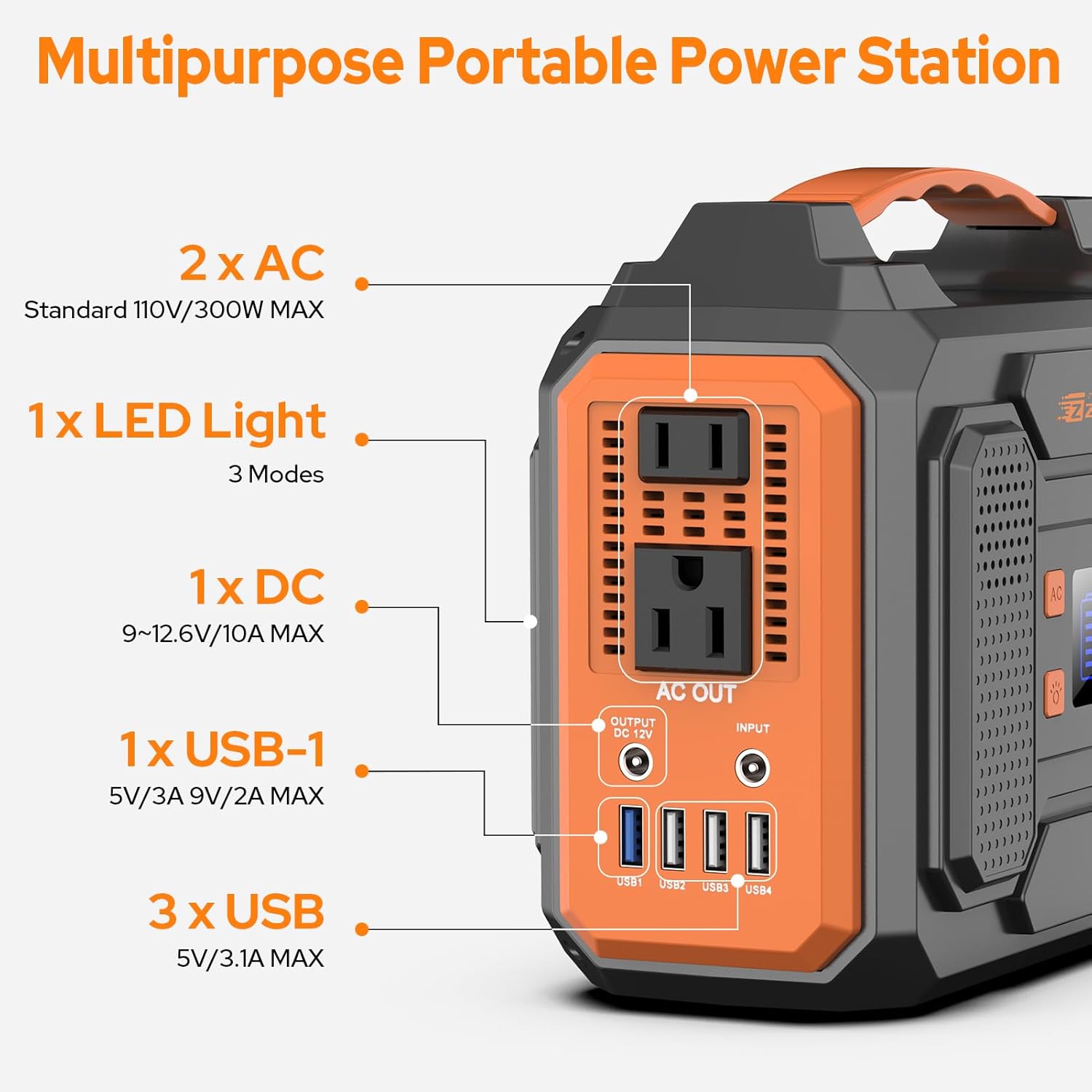 Portable Solar Generator, 300W Portable Power Station with Foldable 60W Solar Panel,110V Pure Sine Wave 280Wh Lithium Battery Pack with USB DC AC Outlet for Camping Smart Device RV Van Outdoor-Orange