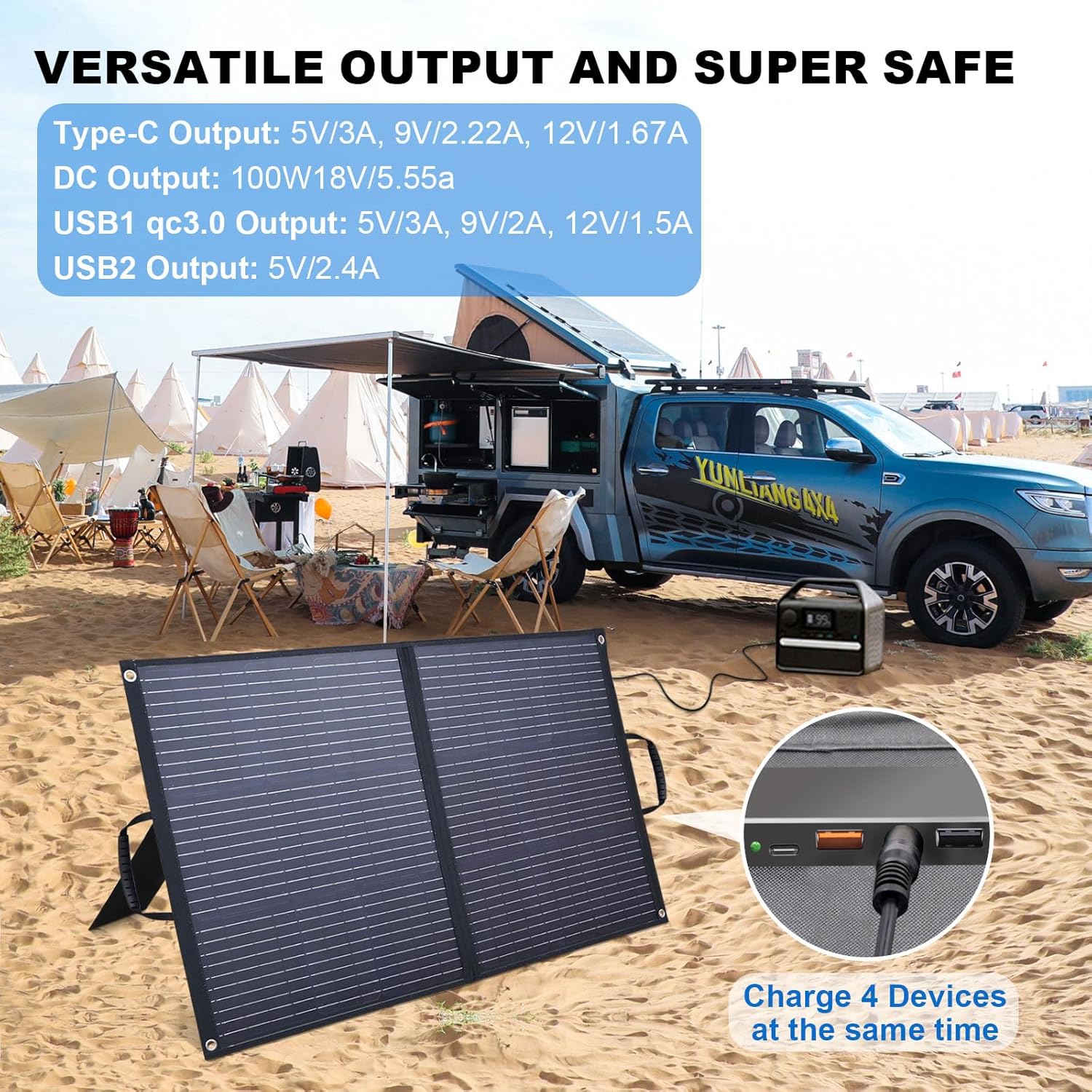Portable Solar Panel Charger, High-Efficiency Foldable Solar Charger Power Station, QC3.0 USB-A  Type-C DC Output IP65 Waterproof for Camping Outdoor Home RV Blackout Cloudy (120W)