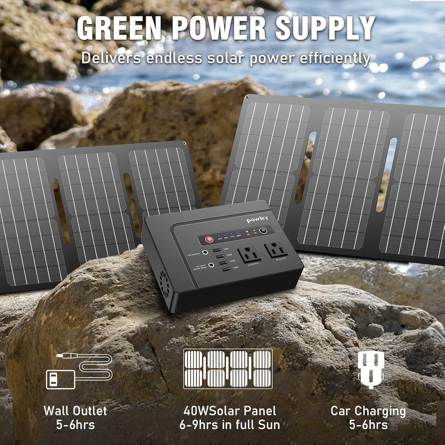 Powkey Solar Powered Generator,200W Portable Solar Generator Power Station with Solar Panels 40W,146Wh Generator Power Bank with 2 AC Outlet 110V Pure Sine Wave for Outdoor Camping Emergency Home