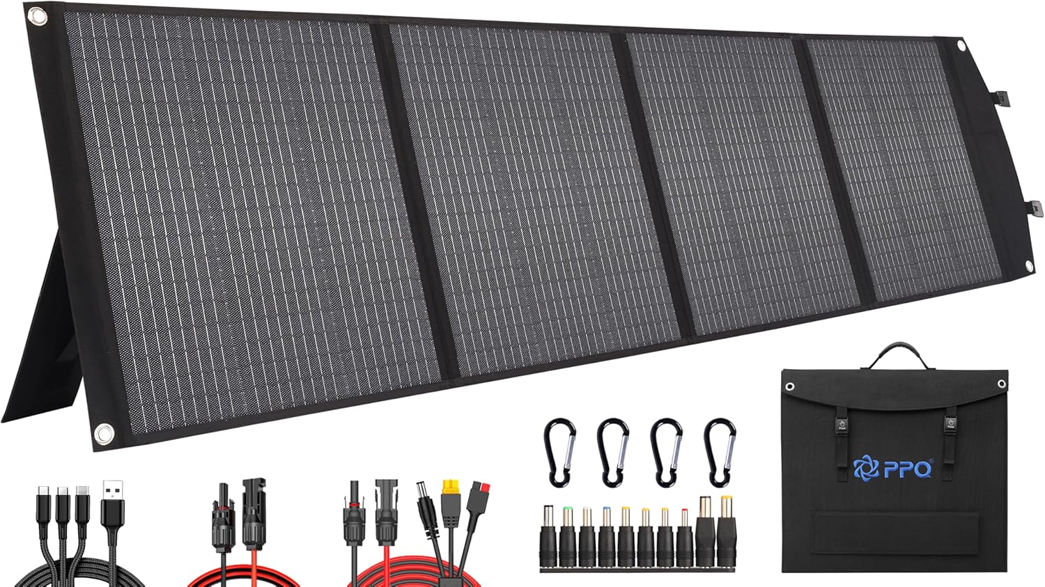 PPQ 200W Portable Solar Panel Kit 18V/12A,14lb Foldable Briefcase Solar Charger w/ 24% Efficiency,4 Cables  16 Outputs for All Camping Power Station, RV Battery, Phones, IP67 Waterproof