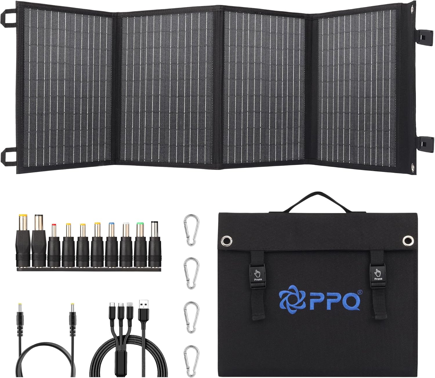 PPQ 40W Portable Solar Panel Kit 18V/2.2A,3lb Foldable Briefcase Solar Charger w/ 24% Efficiency,2 Cables  14 Outputs for All Phones, Pads, Camping Power Banks, IP67 Waterproof