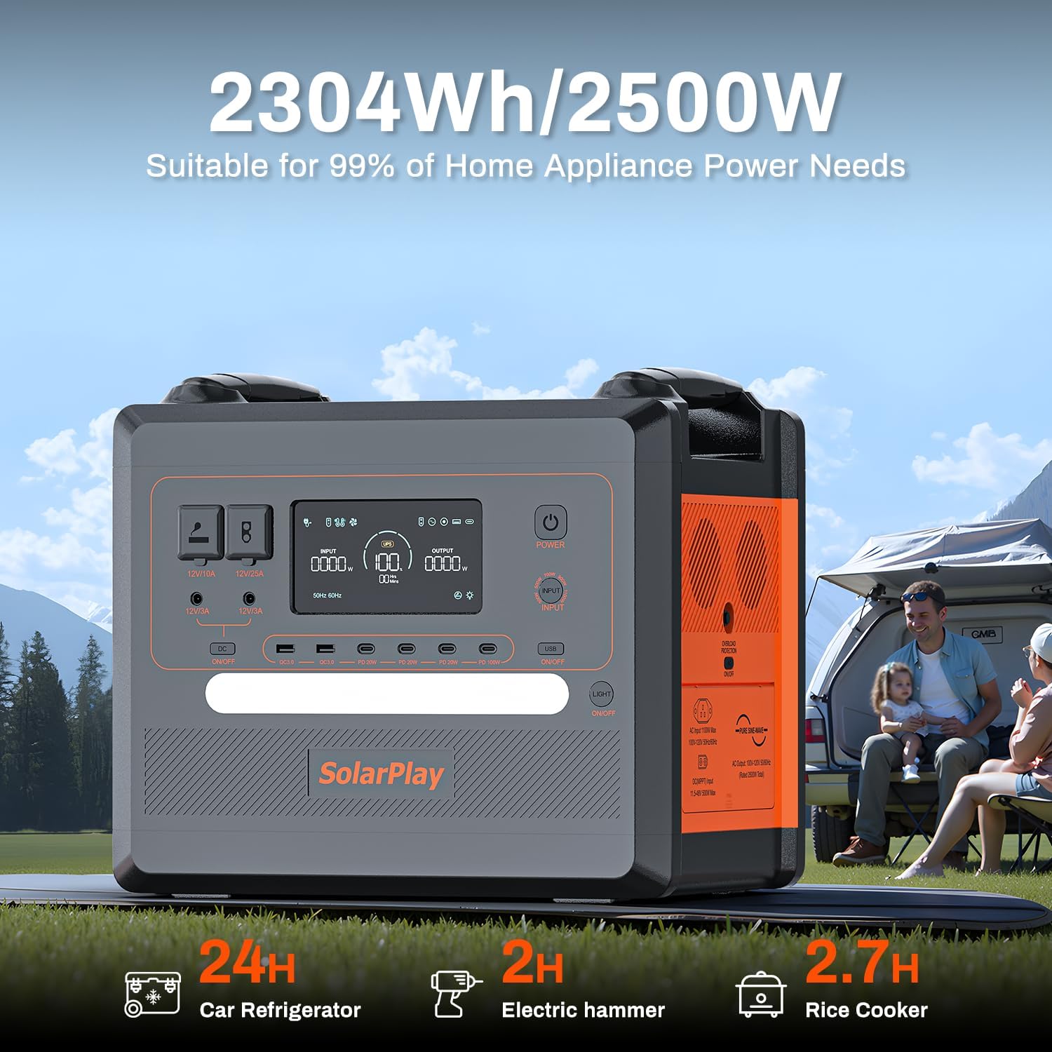 SolarPlay Portable Power Station 2500W(Peak4800W), 2304Wh Solar Generator with 2x200W Solar Panel 1.5Hrs Fast Charging BMS Emergency Power for Home Backup, Camping, Outdoor Battery Backup