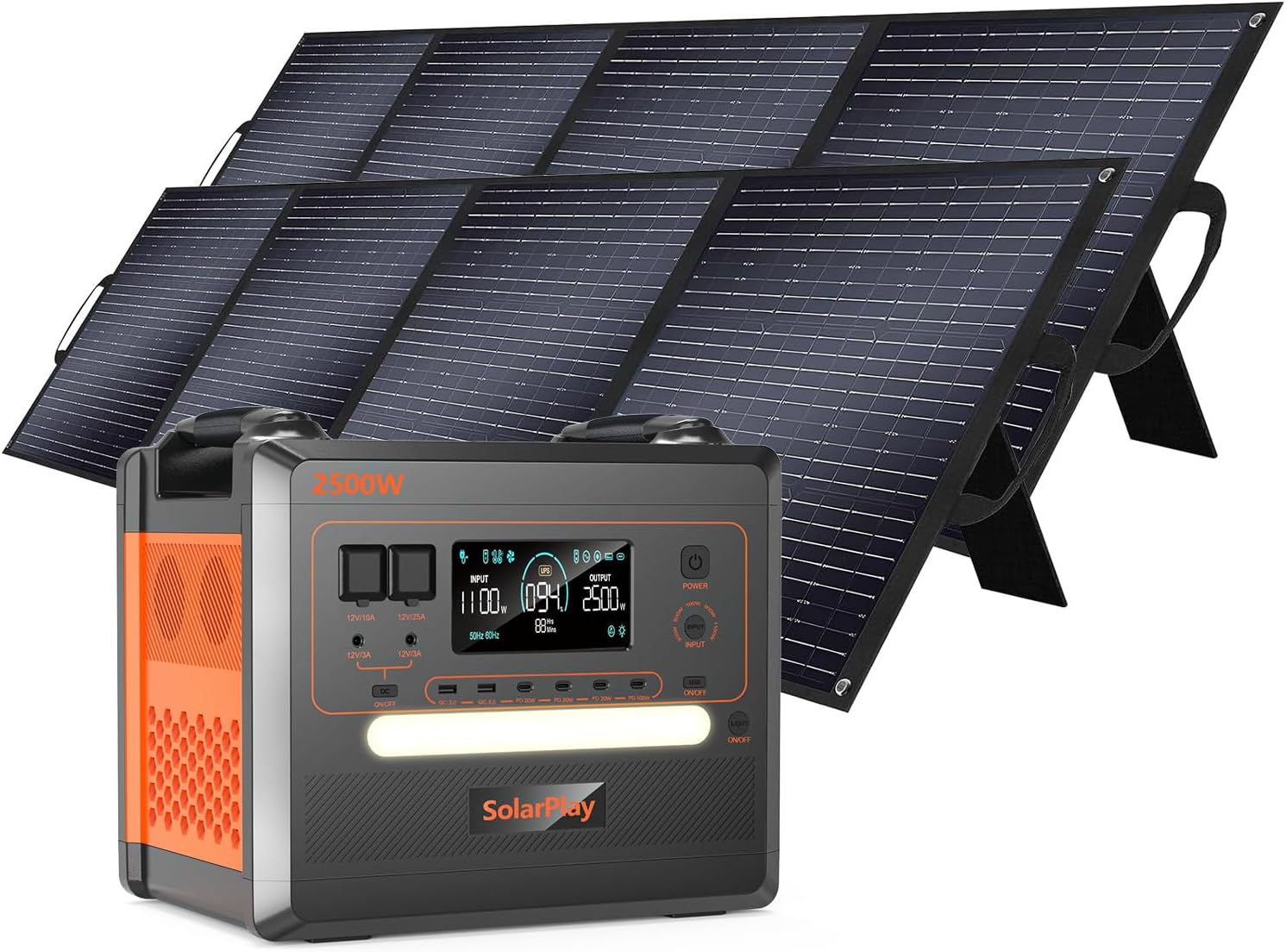 SolarPlay Portable Power Station 2500W(Peak4800W), 2304Wh Solar Generator with 2x200W Solar Panel 1.5Hrs Fast Charging BMS Emergency Power for Home Backup, Camping, Outdoor Battery Backup