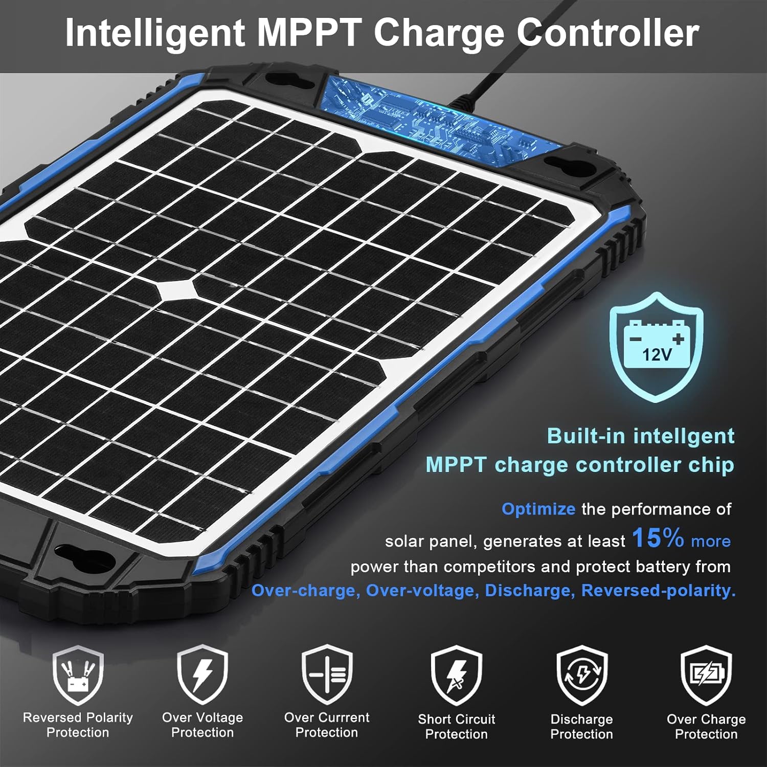 SUNER POWER Waterproof 12W 12V Solar Battery Charger  Maintainer Pro, Built-in UltraSmart MPPT Charge Controller, 12 Volt Solar Panel Trickle Charging Kits for Car Automotive Boat Marine RV Trailer