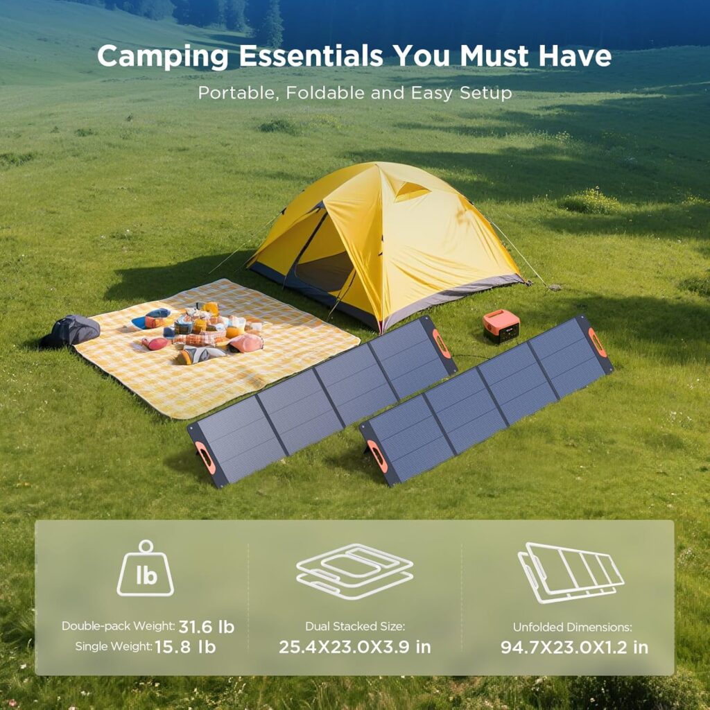 100W Portable Solar Panel,Camping Essentials, 20V ETFE Foldable Solar Charger for Power Station,QC3.0 USB-A Type-C Output,23.5% High Efficiency IP67 Waterproof for Camping RV Offgrid Living