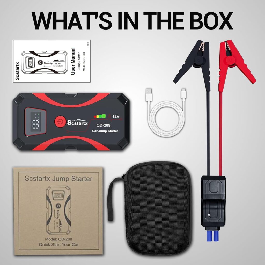 208 Car Battery Jump Starter, Portable Power Battery Pack 2000A Peak 12V Jump Box for Motorcycle Up to 7L Gas  4L Diesel 3 Modes Flashlight and Safety Jumper Clamps
