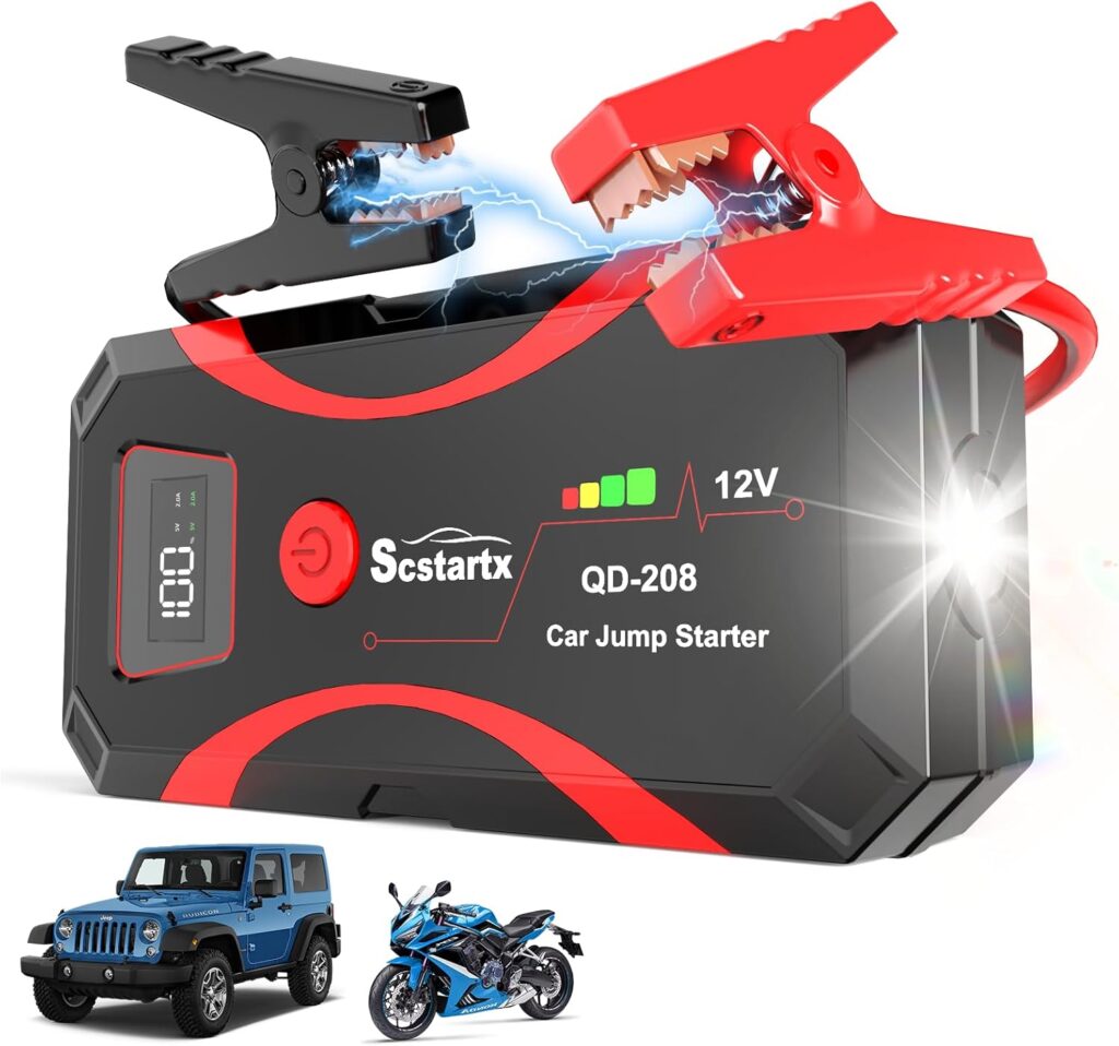 208 Car Battery Jump Starter, Portable Power Battery Pack 2000A Peak 12V Jump Box for Motorcycle Up to 7L Gas  4L Diesel 3 Modes Flashlight and Safety Jumper Clamps