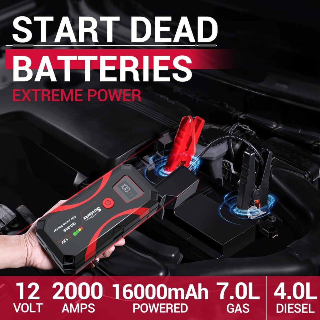 208 Car Battery Jump Starter, Portable Power Battery Pack 2000A Peak 12V Jump Box for Motorcycle Up to 7L Gas  4L Diesel 3 Modes Flashlight and Safety Jumper Clamps