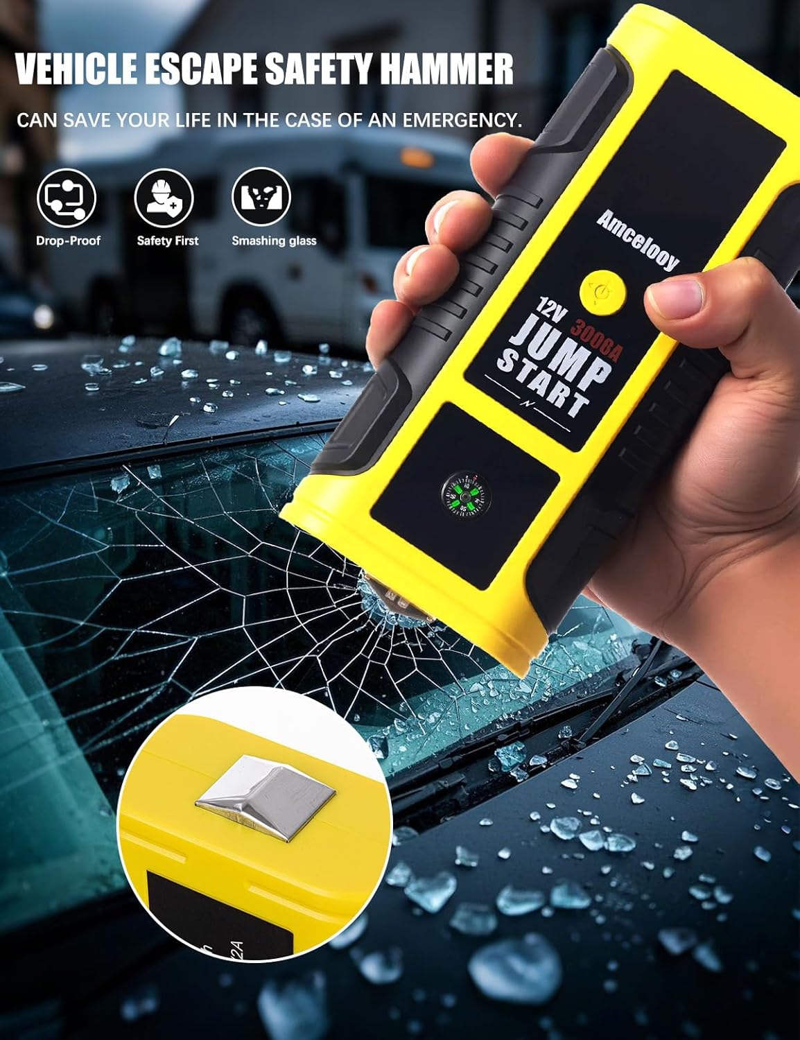 3000A Car Battery Jump Starter for 8.0L Gas/Diesel Engines, Amcelooy 12V Emergency Battery Jumper Starter Portable with USB Quick Charge, 4-Mode Flashlight  Smart Jumper Cables
