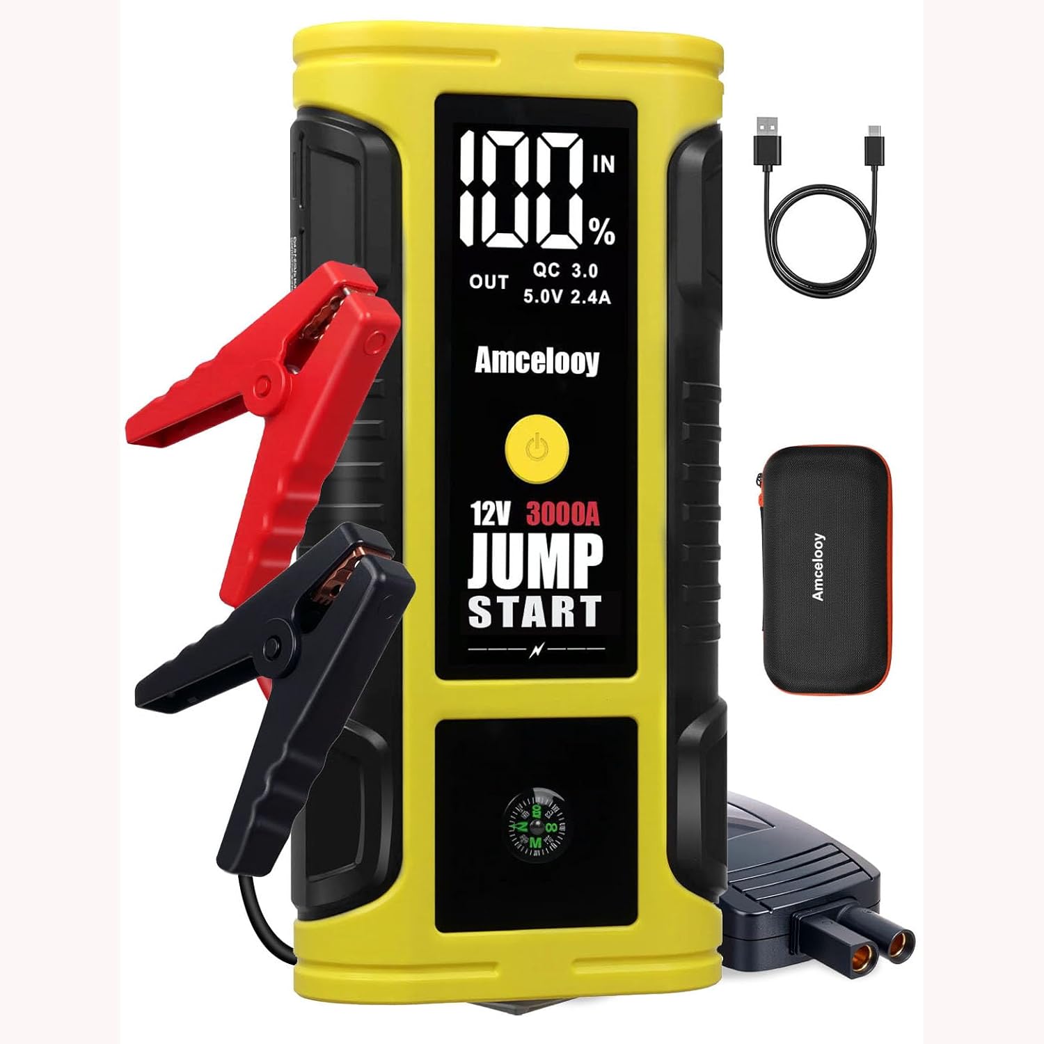3000A Car Battery Jump Starter for 8.0L Gas/Diesel Engines, Amcelooy 12V Emergency Battery Jumper Starter Portable with USB Quick Charge, 4-Mode Flashlight  Smart Jumper Cables