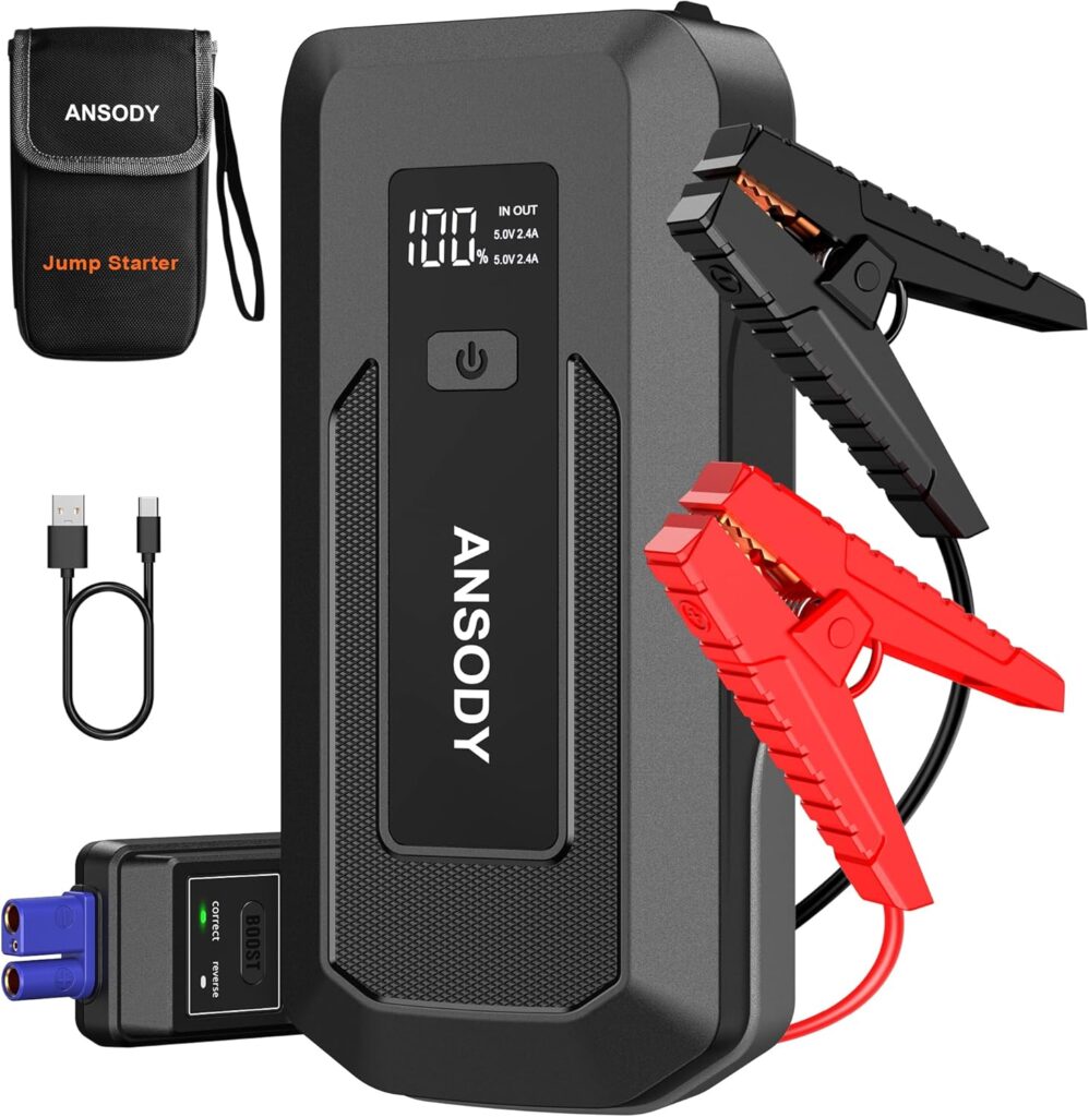 3000A Peak Car Jump Starter(Up to 10L Gas or 8L Diesel Engine), Battery Booster with Jump Leads, Built-in LED Floodlight  SOS, -20℃ Cold Cranking, Jump Box for 12V Pickup SUV Motorcycle