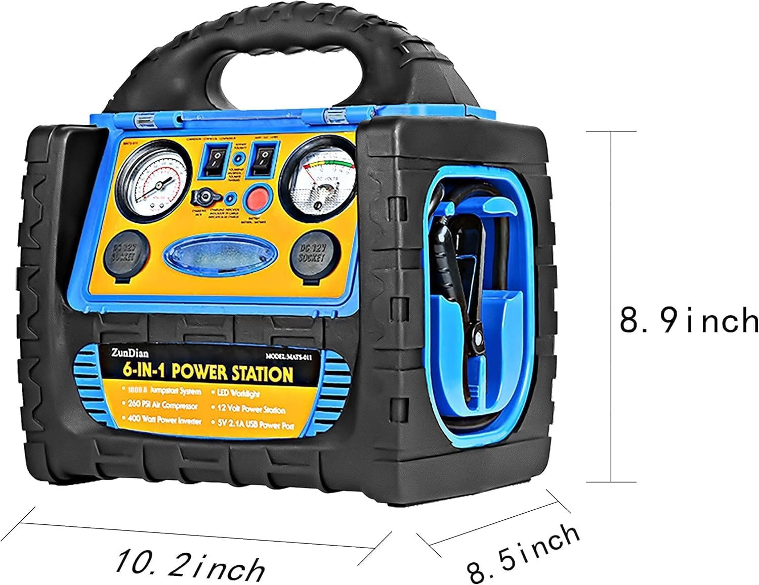6-in-1 1800 Amp Jump Starter with Air Compressor 260PSI Tire Inflator, 12V Car Battery Jumper Starter Booster Pack for Truck Automotive Battery, Portable Power Station 400W AC Power Inverter