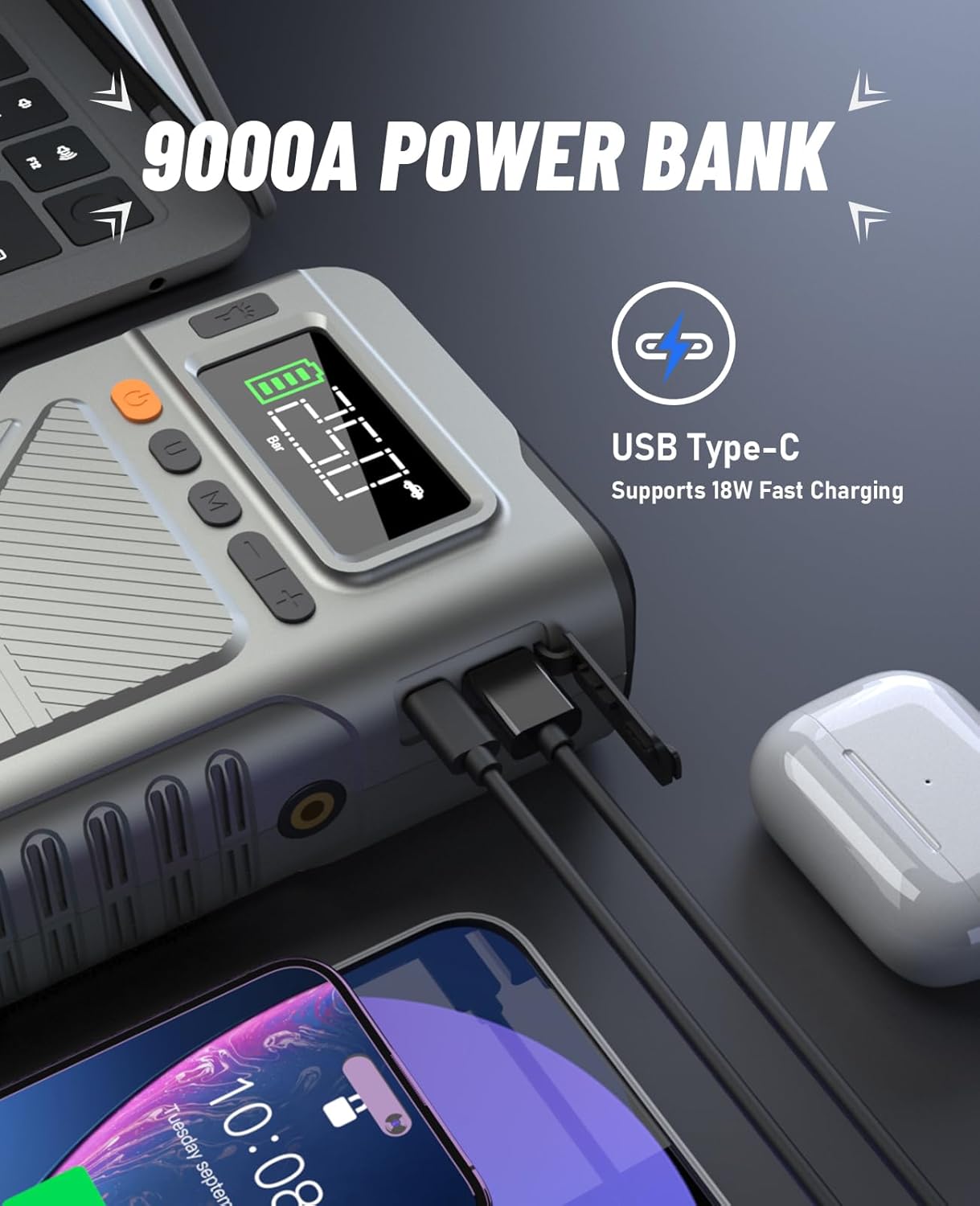 9000A Jump Starter with Air Compressor, Car Charger Portable Jump Box for Car with 150PSI Tire Inflator, Power Pack Jumpstart 12V Vehicle for All Gas/12L Diesel w/Extended Jumper Cable