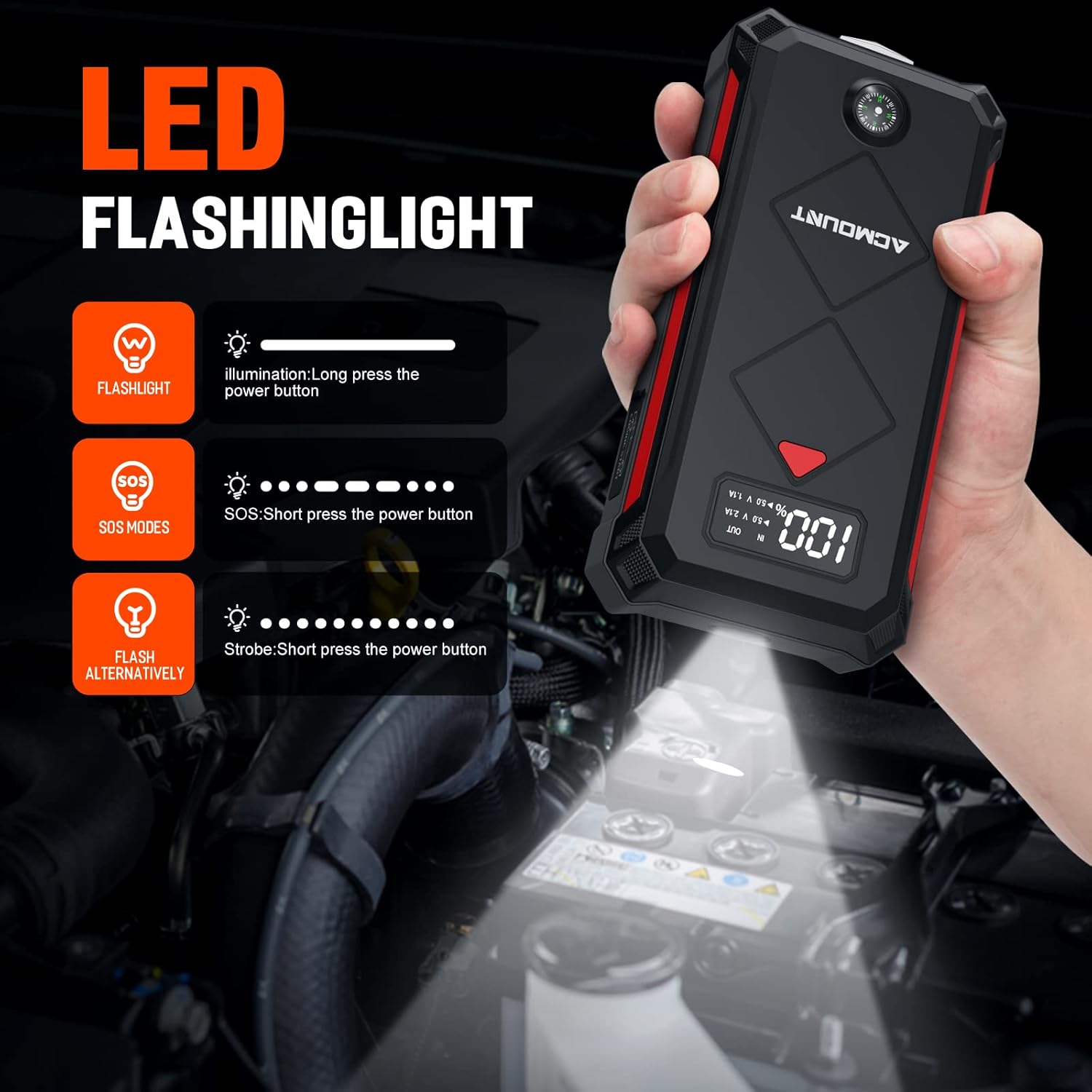 Acmount P100 Car Jump Starter, 5000A Peak Lithium Jump Starter Battery Pack for Up to 10.0L Gas or 8.0L Diesel Engine, Safe 12V Portable Battery Starter Power Pack with LED Screen  LED Light