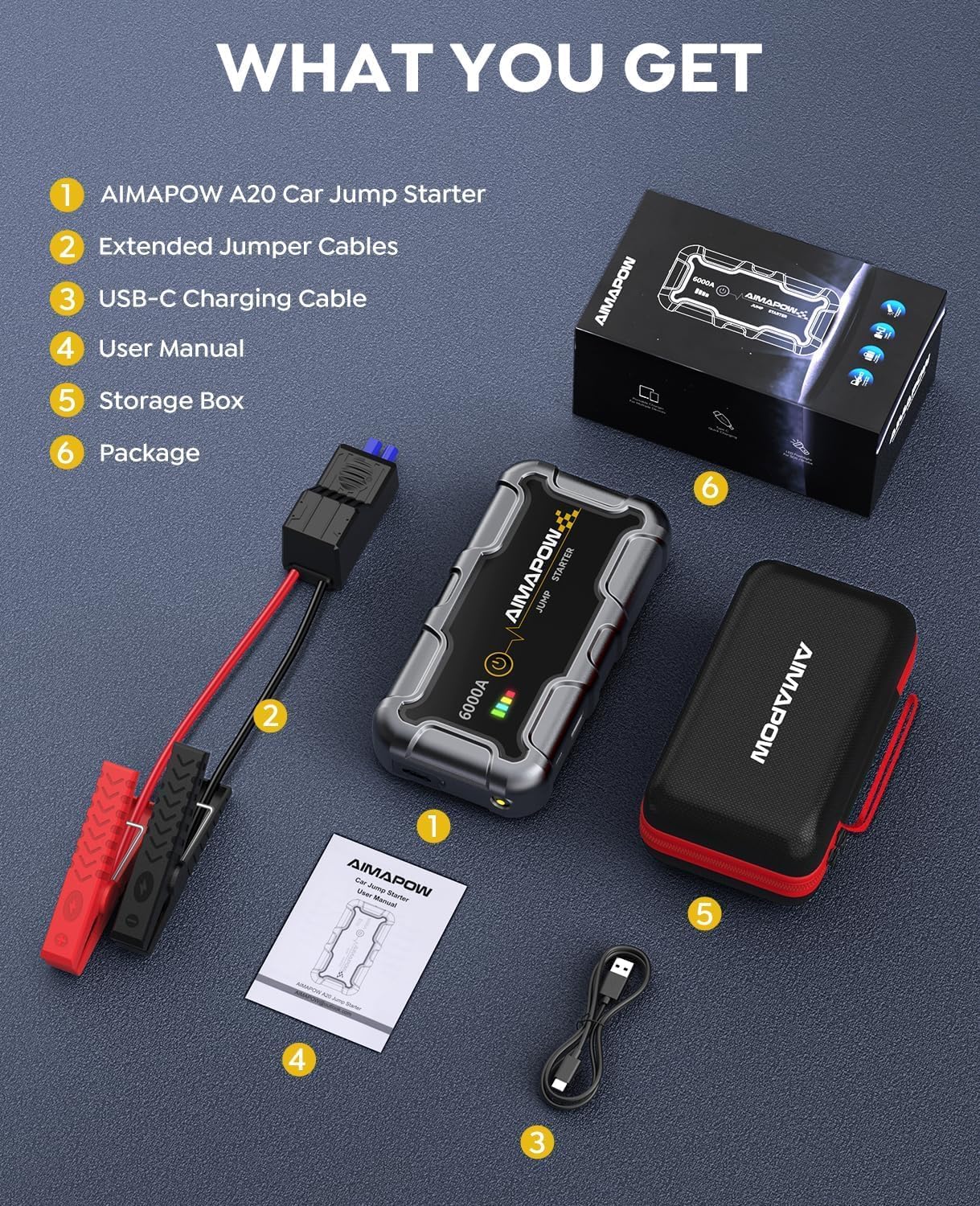 AIMAPOW Portable Car Battery Jump Starter 6000A 20000mAh Jump Box, Car Jumper Starter Portable Jumper Cables for car(All Gas/10L Diesel), Fast Charge, Lights, Compact