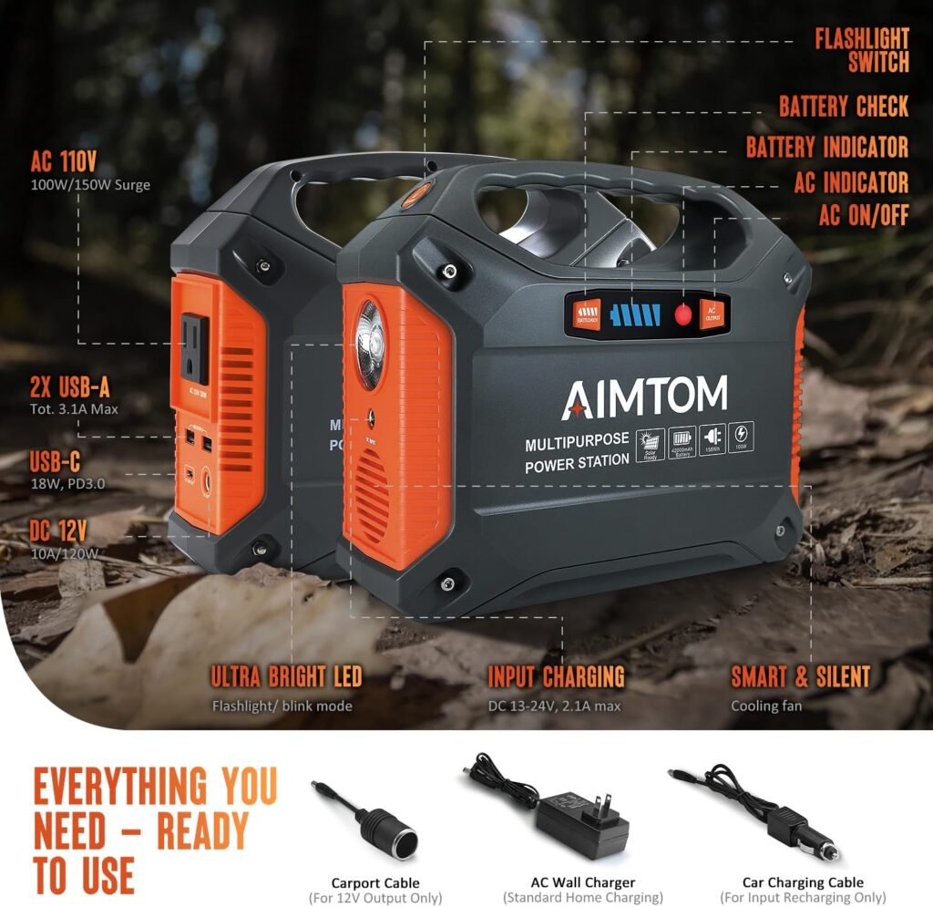 AIMTOM 155Wh Portable Power Station with 30W Solar Panel – 150W Peak/110V AC, 18W USB-C, 2x USB-A  12V DC – Solar Generator for Camping, Home, RV, Travel  Emergencies