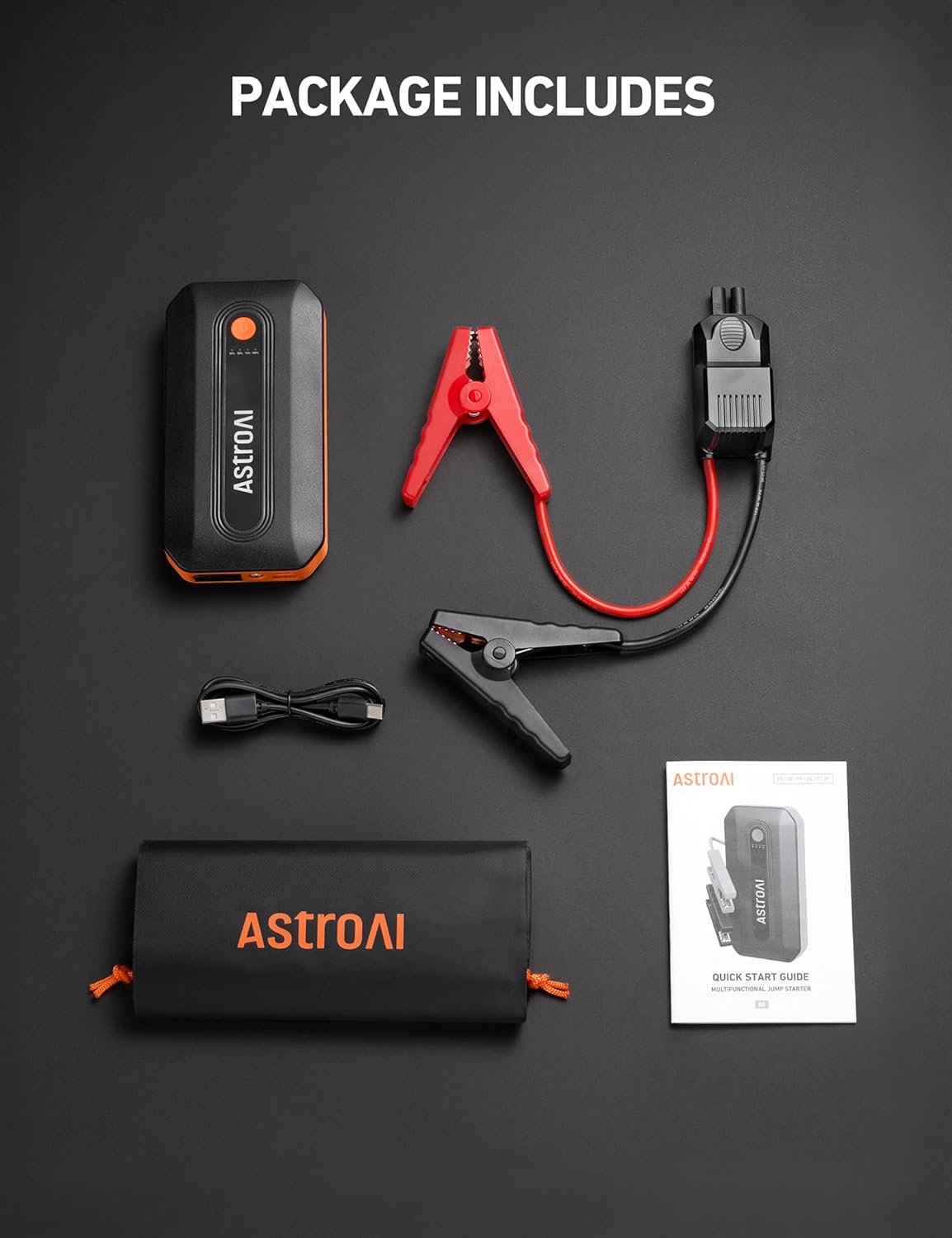 AstroAI S8 Car Battery Jump Starter, Car Jumper Starter Battery Pack for Up to 6.0L Gas  3.0L Diesel Engines, 12V Portable Jump Box with 3 Modes Flashlight and Jumper Cable (Orange)