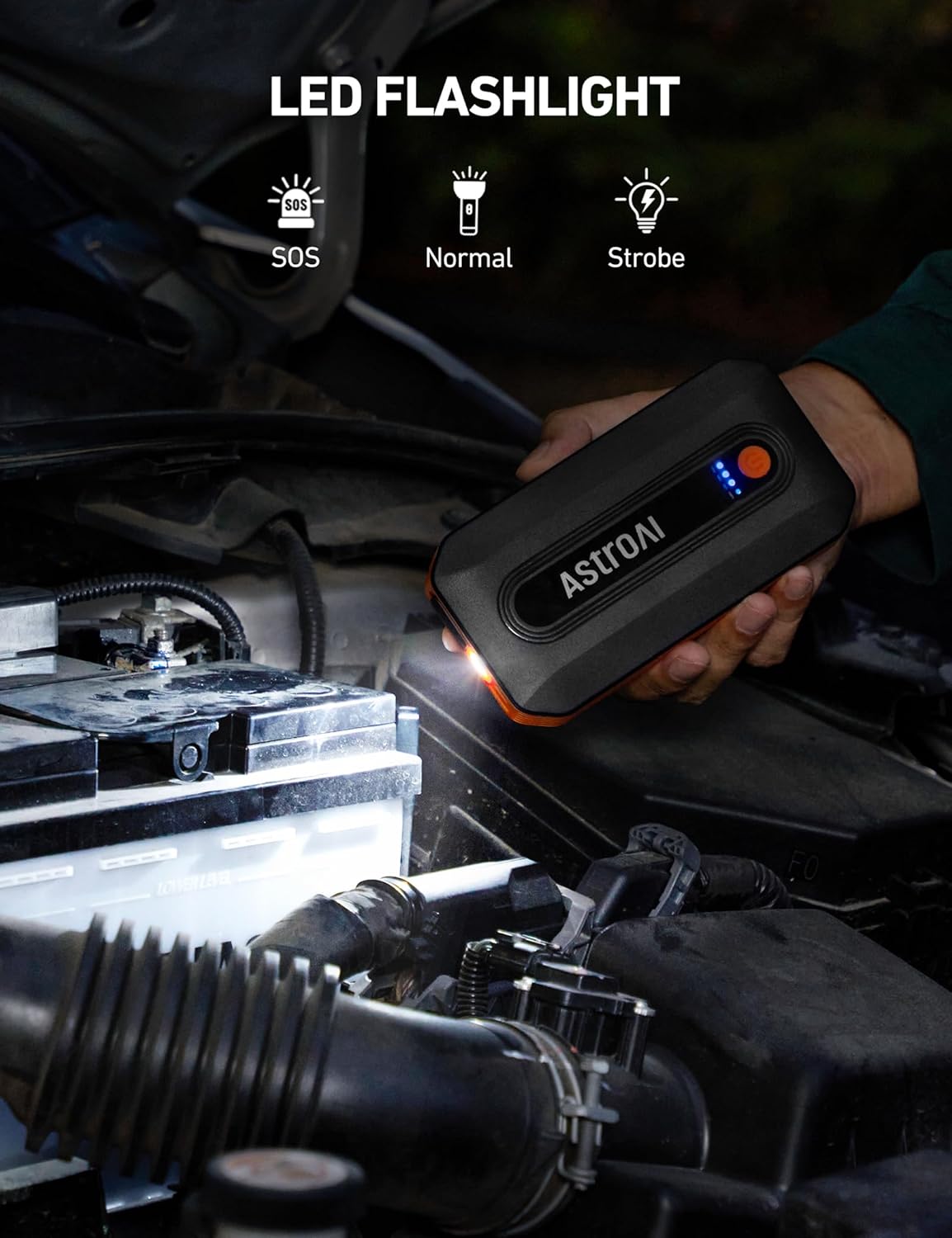 AstroAI S8 Car Battery Jump Starter, Car Jumper Starter Battery Pack for Up to 6.0L Gas  3.0L Diesel Engines, 12V Portable Jump Box with 3 Modes Flashlight and Jumper Cable (Orange)