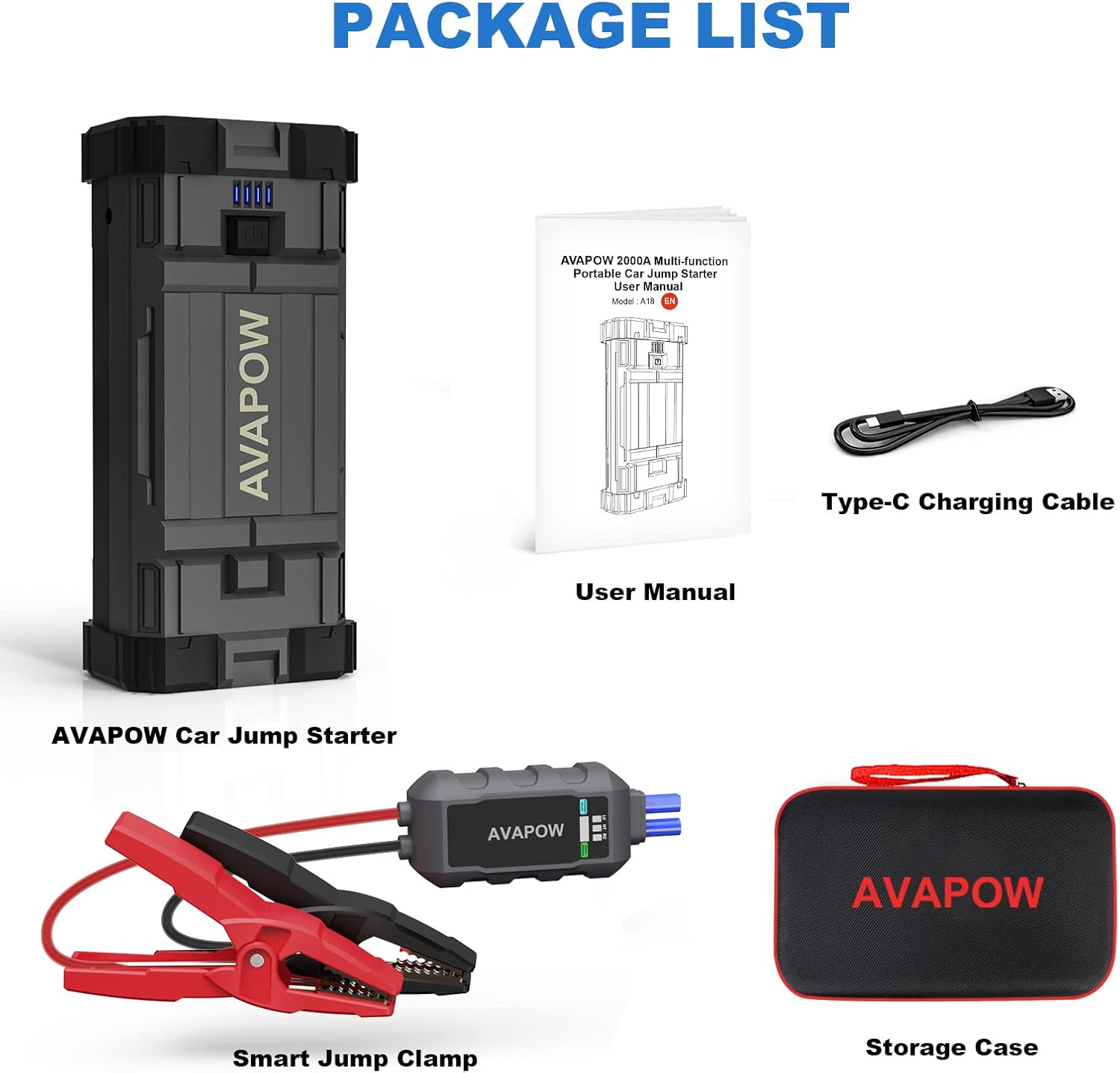 AVAPOW Car Battery Jump Starter 2000A Peak, Jumpstart with Force Start Function, Portable Starters for Up to 8L Gas 6.5L Diesel Engine with Booster Function,12V Lithium Jump Charger Pack Box