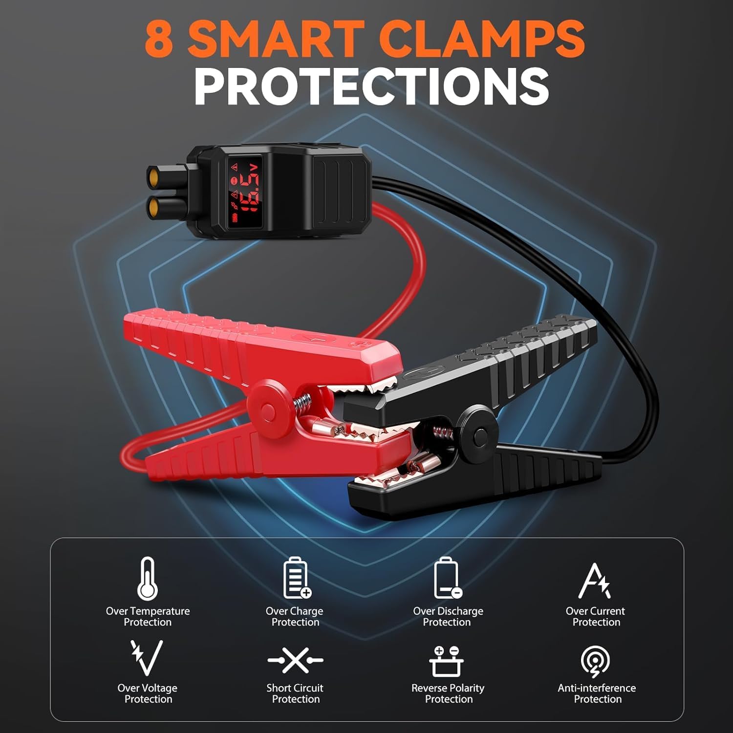 Battery Jump Starter, 8000A Jump Smart(All Gas/10.0L Diesel), Portable Car Starter Battery Pack with Extended Smart Jumper Cables, Car Jump Starter with Large Display, Quick Charge, Lights