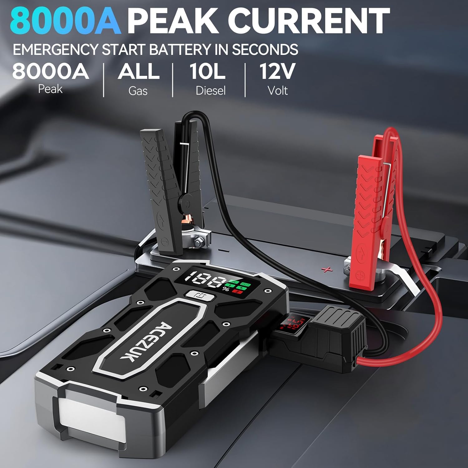Battery Jump Starter, 8000A Jump Smart(All Gas/10.0L Diesel), Portable Car Starter Battery Pack with Extended Smart Jumper Cables, Car Jump Starter with Large Display, Quick Charge, Lights