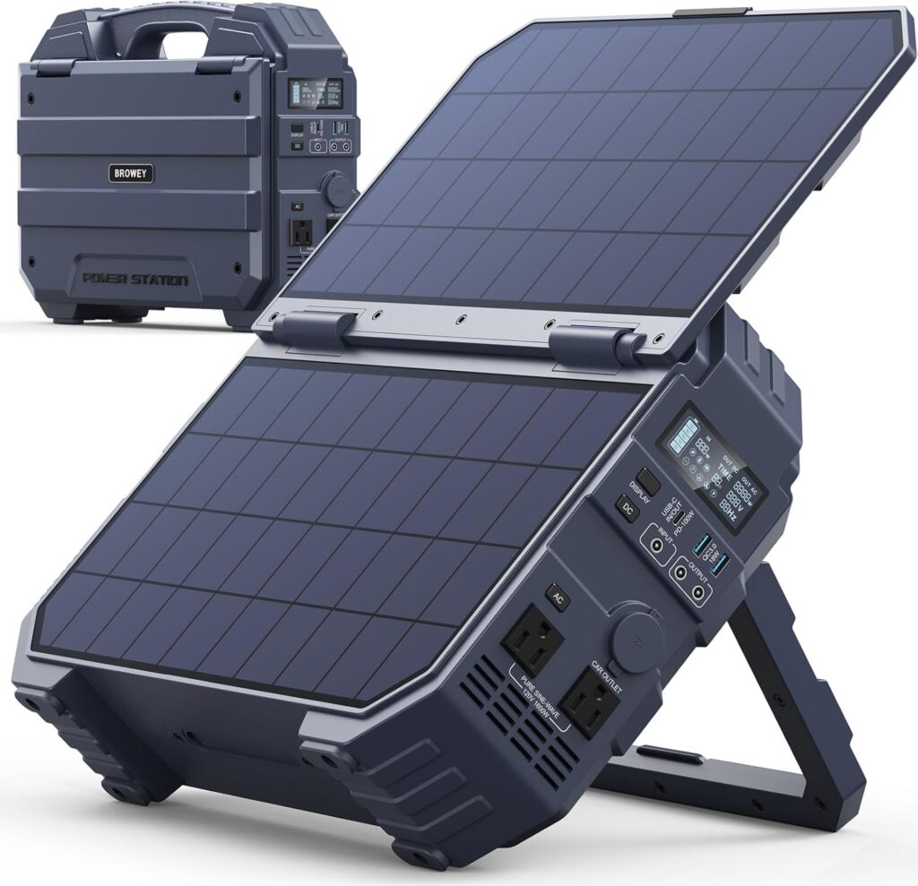 BROWEY Portable Power Station, 1000W (Peak 2000W) Solar Generator with Built-in Solar Panel, 614WH LiFePO4 Battery Pack, AC/DC/USB/PD Outputs, for Outdoor Camping, RV Travel, Emergency Preparedness