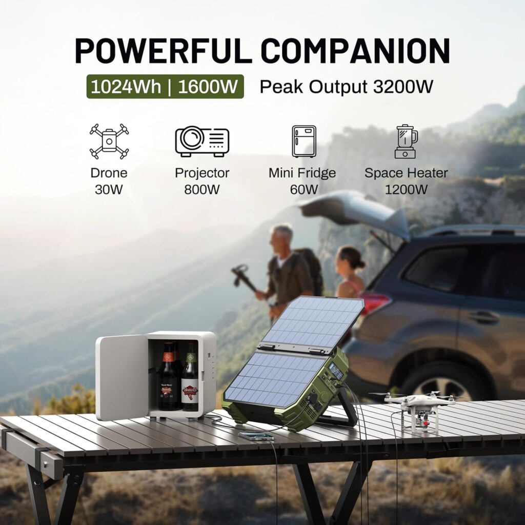 BROWEY Portable Power Station, 1000W (Peak 2000W) Solar Generator with Built-in Solar Panel, 614WH LiFePO4 Battery Pack, AC/DC/USB/PD Outputs, for Outdoor Camping, RV Travel, Emergency Preparedness