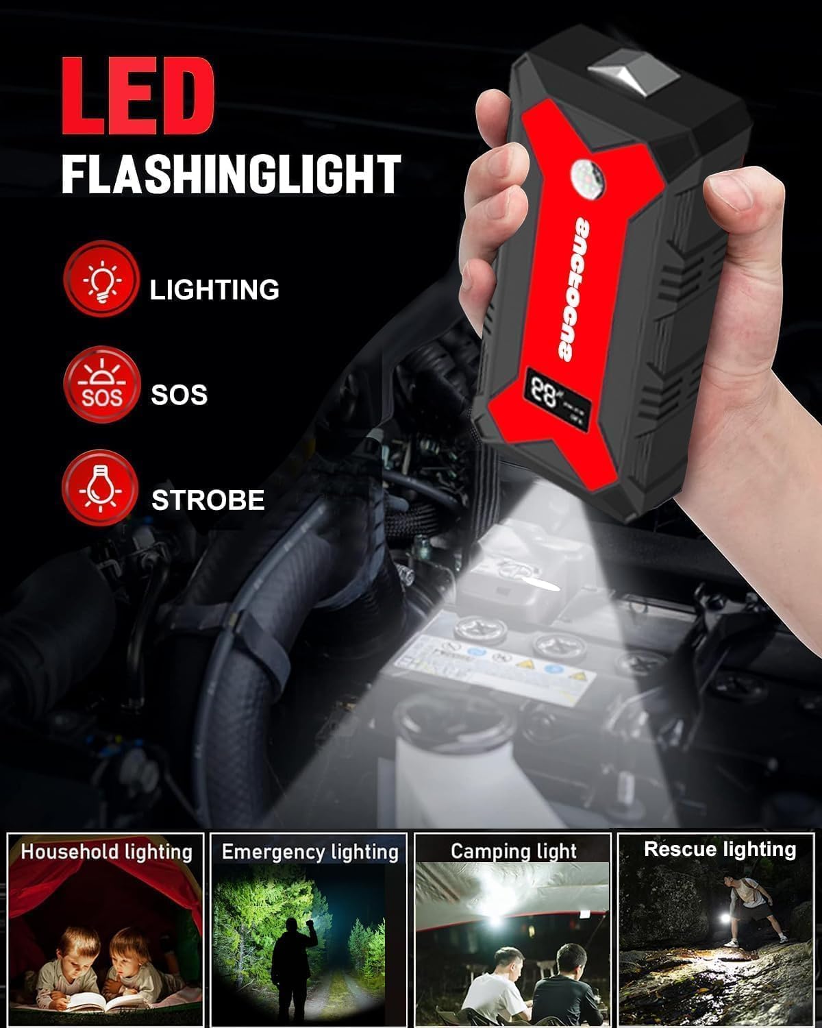 Car Battery Jump Starter, 4000A Battery Jumper Starter Portable (for 9.0L Gas or 7.0L Diesel Engine), Jump Box, Jump Starter Battery Pack with Jumper Cable, LED Light, USB QC3.0 (Red)