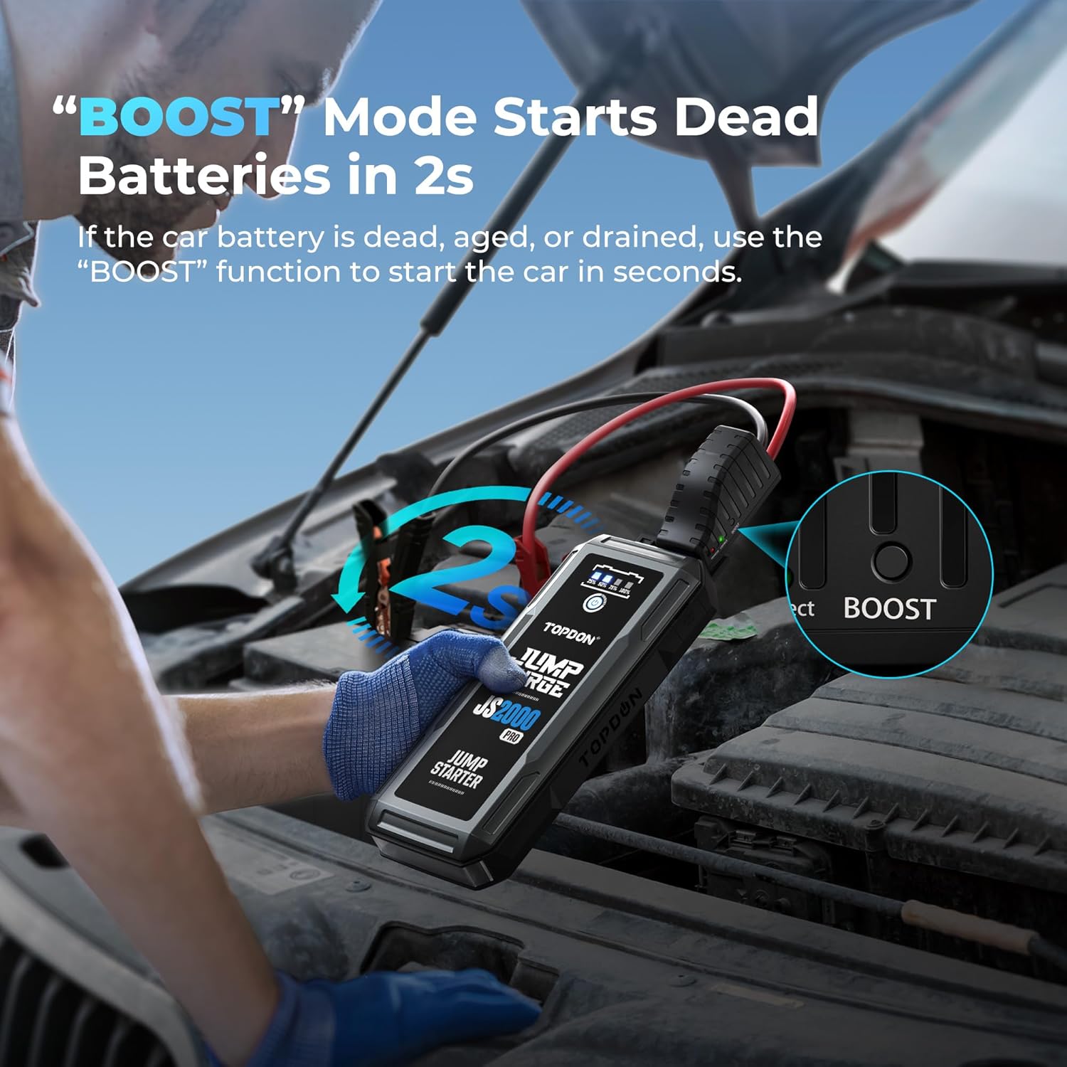 Car Battery Jump Starter, TOPDON 2000A Peak Jump Starter for Up to 8L Gas/6L Diesel Engines, 12V Portable Battery Booster Jump Starter Pack with Jumper Cables and EVA Protection Case