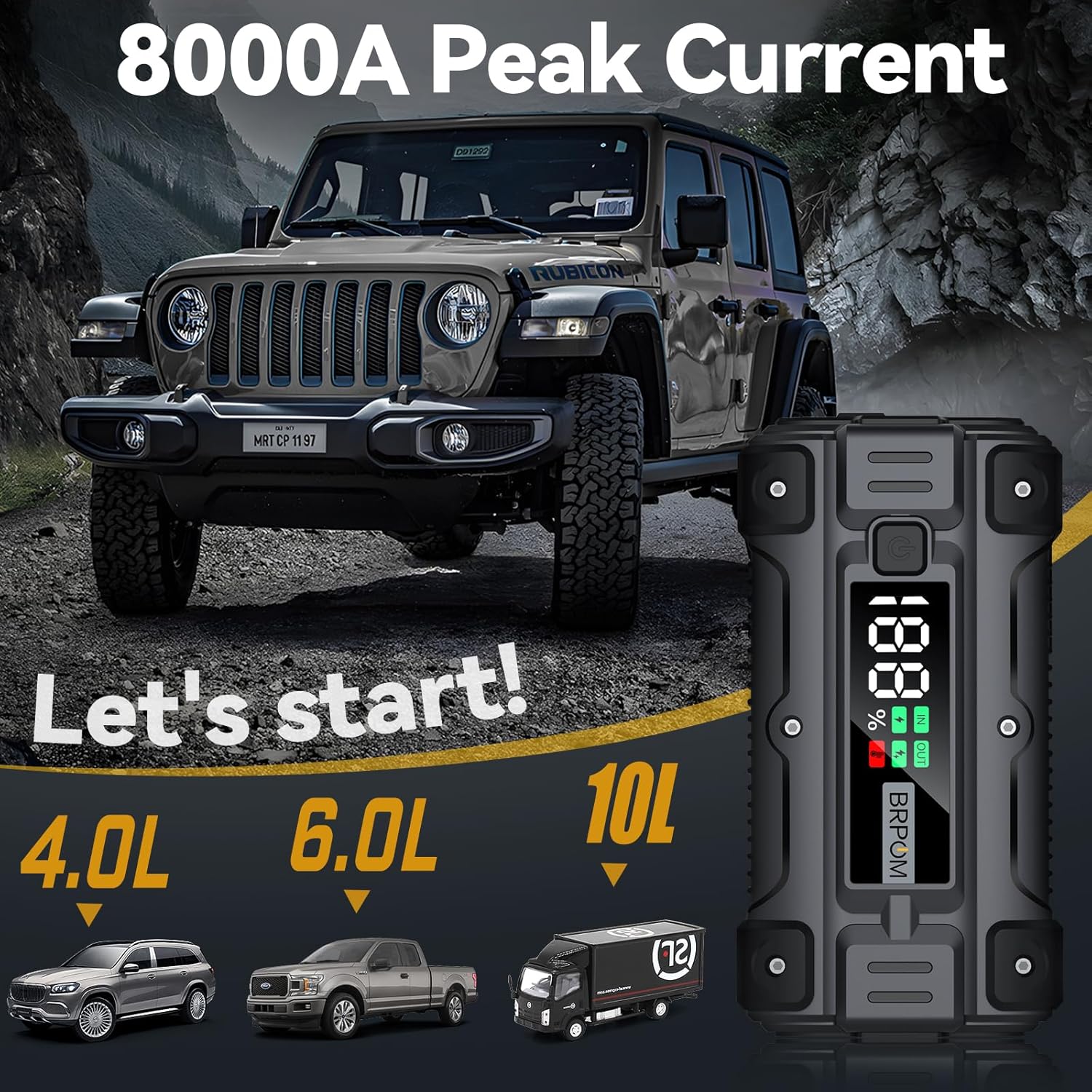 Car Jump Starter, 8000A Peak 26800mAh (Up to All Gas or 10.0L Diesel Engine, 50 Times) 12V Auto Booster Battery Charger Jump Box with Quick Charger Smart Jump Cables with LED Screen