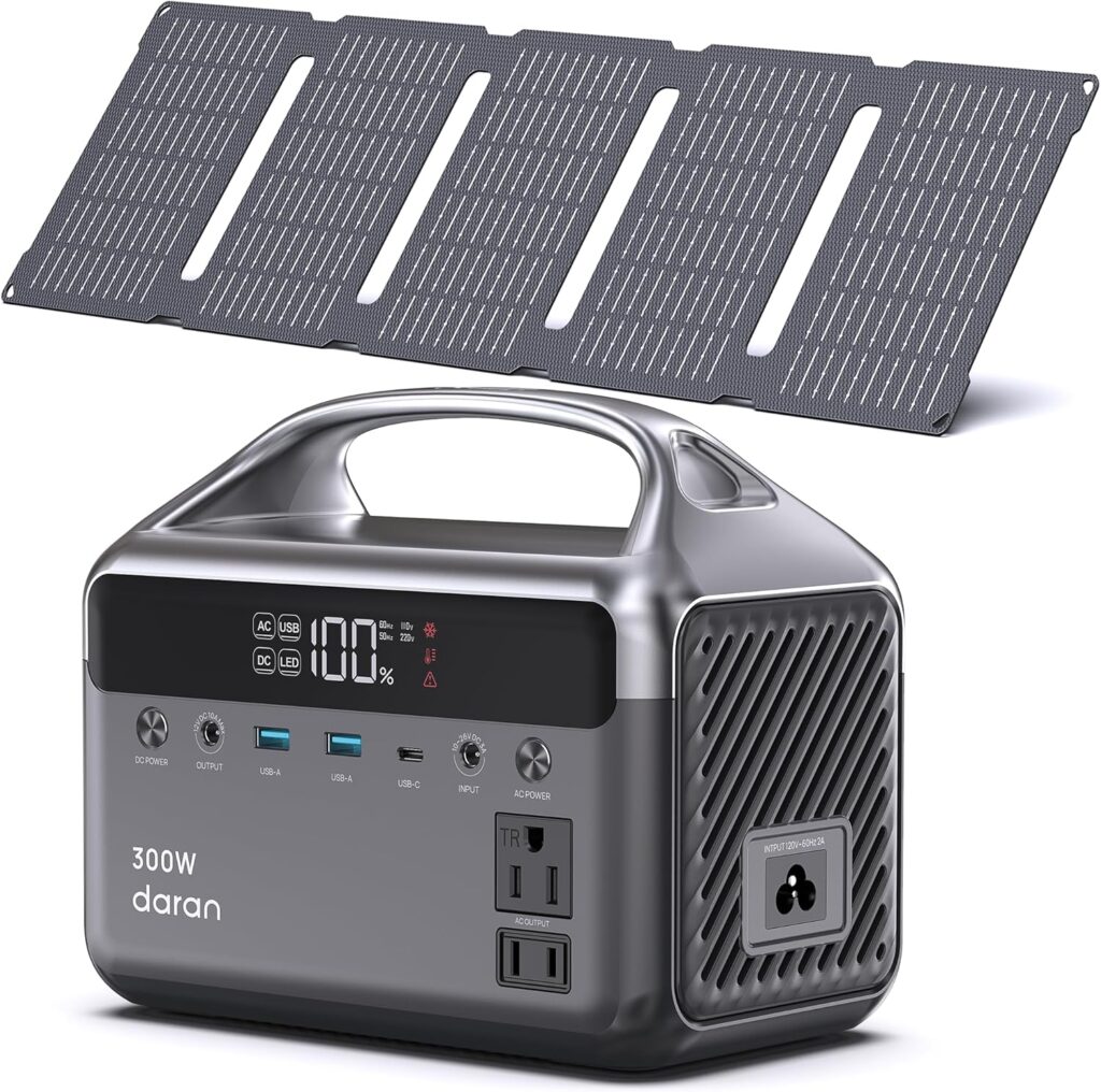 DARAN Portable Power Station with 40W Solar Panel, 288Wh (90,000mAh) LiFePO4 Battery, 350W (600W Peak) Mini Solar Generator, 2.1Hrs Fast Charing, 7-Port Design with AC Outlet for Emergency, Hurricane