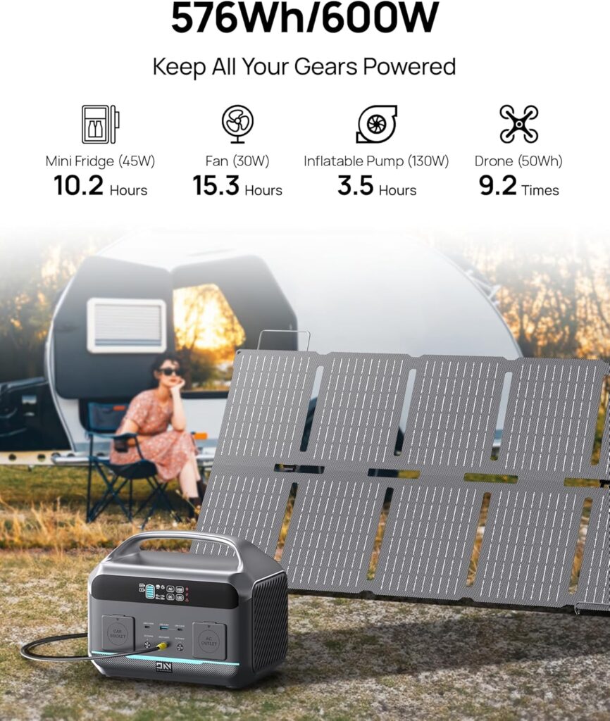 DaranEner Portable Power Station 600W with Solar Panel 80W, 288Wh LiFePO4 Battery Backup w/2 AC Outlets, 1.7H Fast Charging Solar Generator for Camping, RV Travel, Home Emergencies