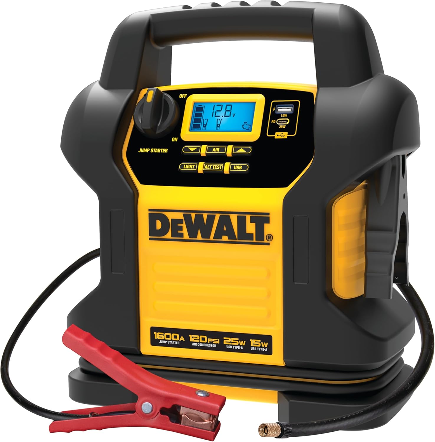 DEWALT DXAEJ14 Digital Portable Power Station Jump Starter - 1600 Peak Amps with 120 PSI Compressor, 15W USB-A and 25W USB-C Power for Electronic Devices