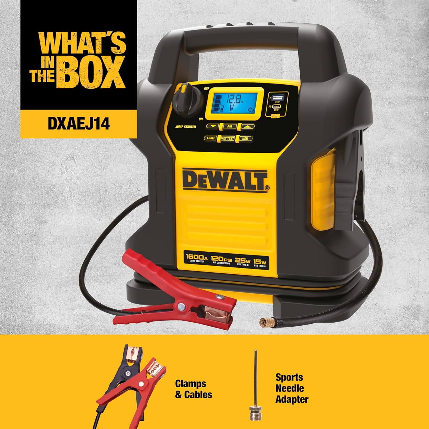DEWALT DXAEJ14 Digital Portable Power Station Jump Starter - 1600 Peak Amps with 120 PSI Compressor, 15W USB-A and 25W USB-C Power for Electronic Devices